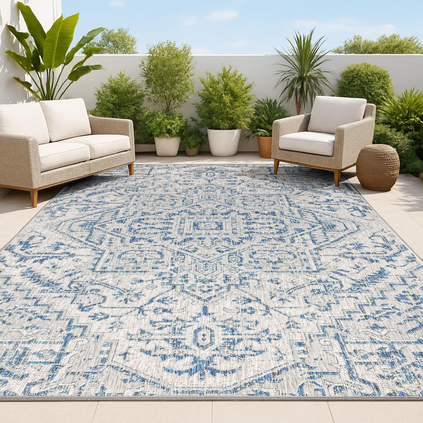 JONATHAN Y Boho Medallion Indoor Outdoor Area Rug 5X8 Navy/Gray, Estrella Textured Weave for Backyard, Patio, Porch, Easy-Cleaning, High Traffic, Pet-Friendly, Non-Shedding (SMB105B-5)