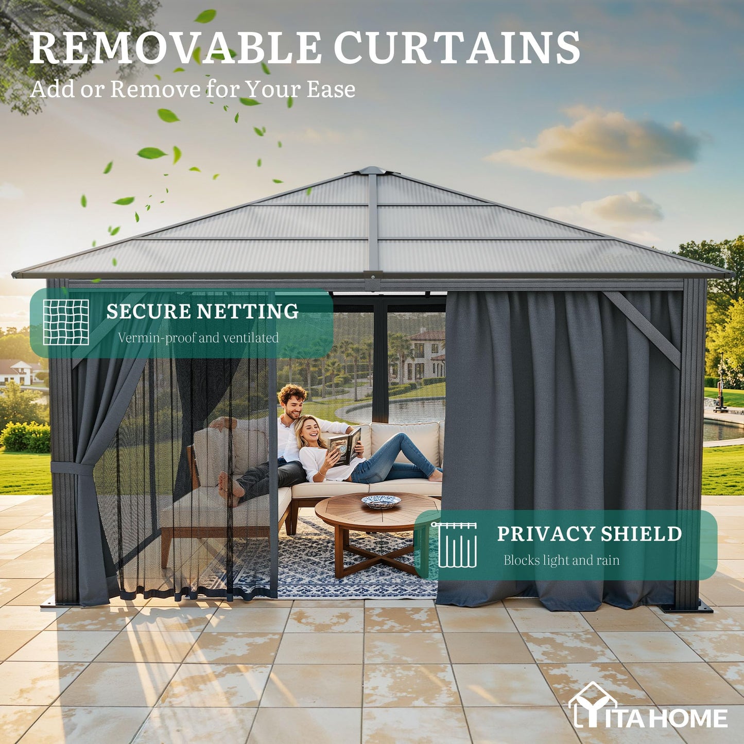 YITAHOME 10x10ft Gazebo Hardtop Outdoor Polycarbonate Canopy with Netting and Shaded Curtains, Metal Frame Garden Tent for Patio, Backyard, Deck and Lawns