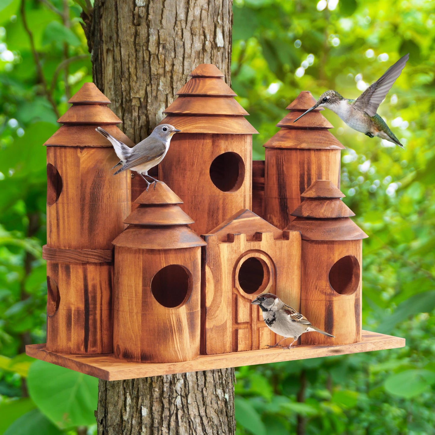MIXUMON Wooden Bird Houses for Outside – 8 Rooms Castle-Style Bird House, Carbonized Pine Rustic Finish, 1.57" Entrance Holes, Decorative Outdoor Bird Nesting Box (Rustic, 8 Rooms)