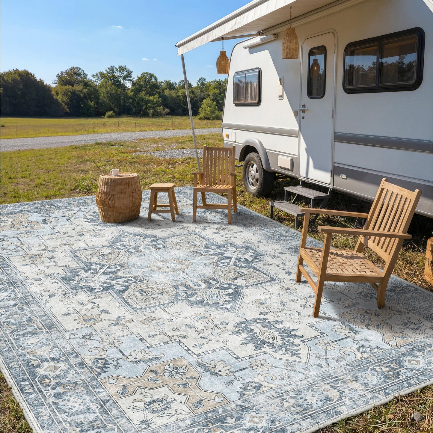 GENIMO Outdoor & Indoor Area Rug 10'x14', Waterproof, Non-Shedding, Easy Cleaning, Boho Mat for Patio, Living Room, Balcony, Dining Room, RV, Deck, Bedroom, Camping, Outside Carpet,Blue
