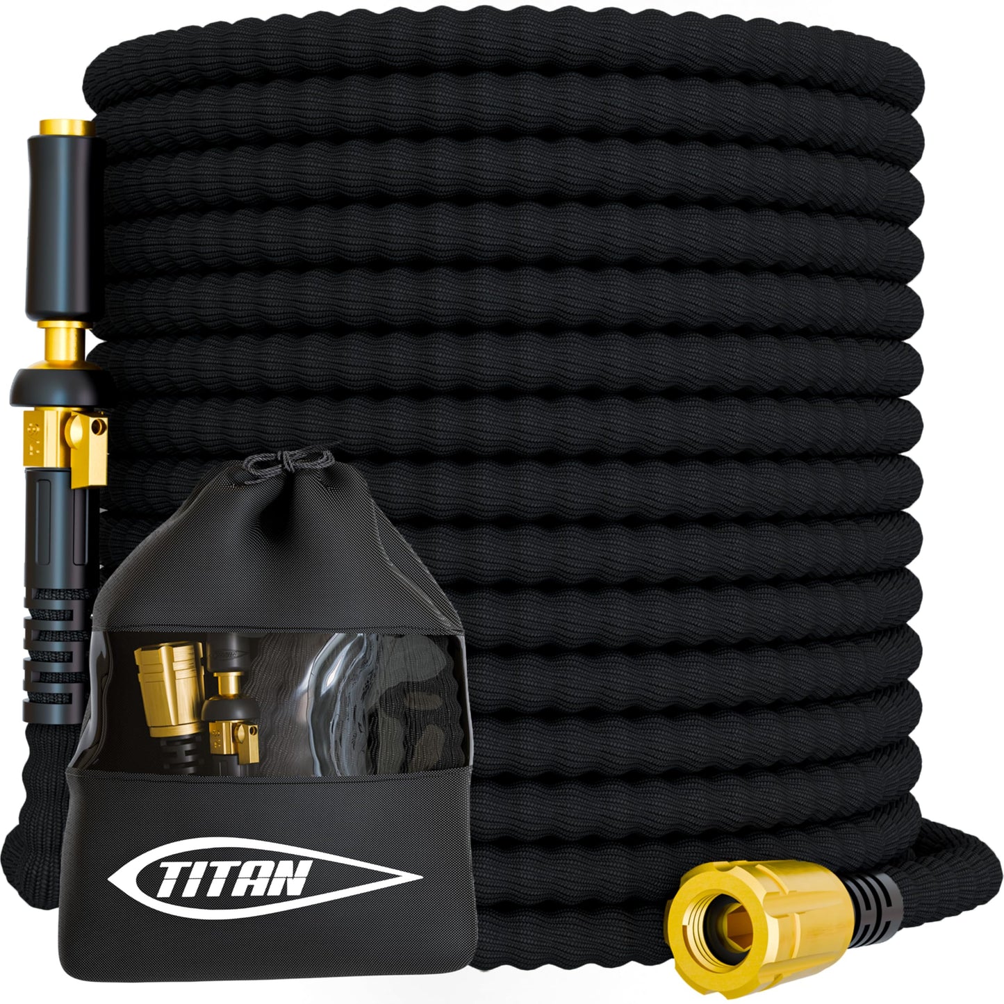 TITAN Flexible Garden Hose 100FT – Ultra Lightweight, Heavy Duty Water Hose with Brass Fittings & Jet Nozzle – Kink-Free, Non-Expanding, Durable Fabric Hose for Yard, Lawn, Car Wash, Outdoor Use