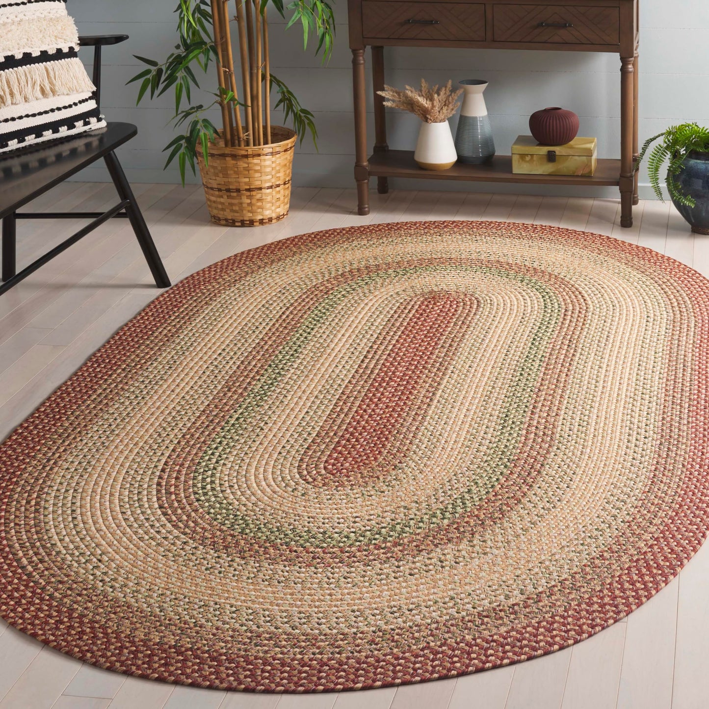 SAFAVIEH Washable Rug Outdoor Braided Collection - 5' x 8' Oval, Rust & Multi, Handmade & Reversible, Non-Shedding & Easy to Clean, Ideal for Patio, Backyard, Mudroom (BRD303A)
