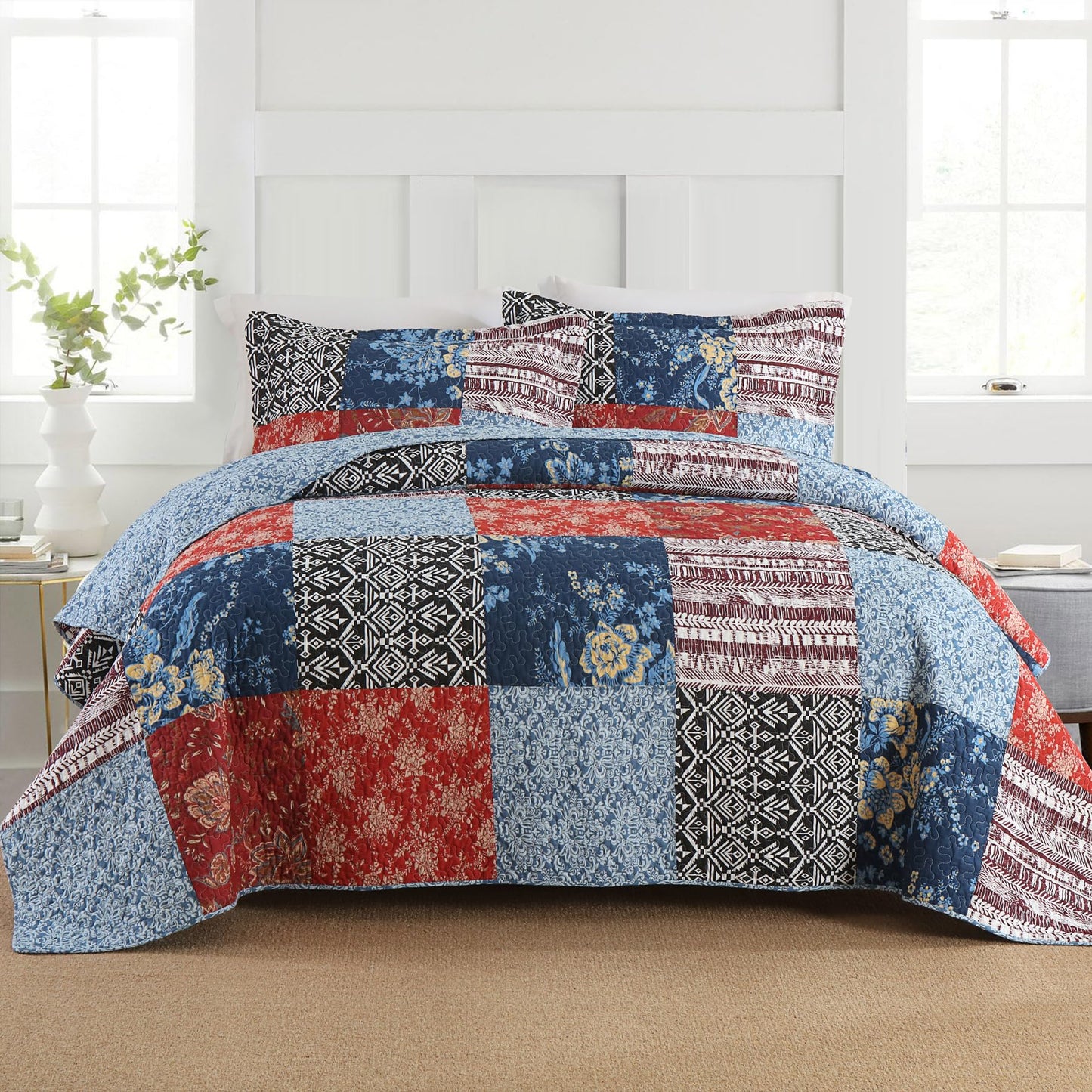Secgo California King Comforter Set for Bed - 100% Cotton Quilts Cal King Size, Black Bedspreads (120 * 110 Inch) with 2 Pillow Shams, Patchwork Reversible Lightweight Bedding