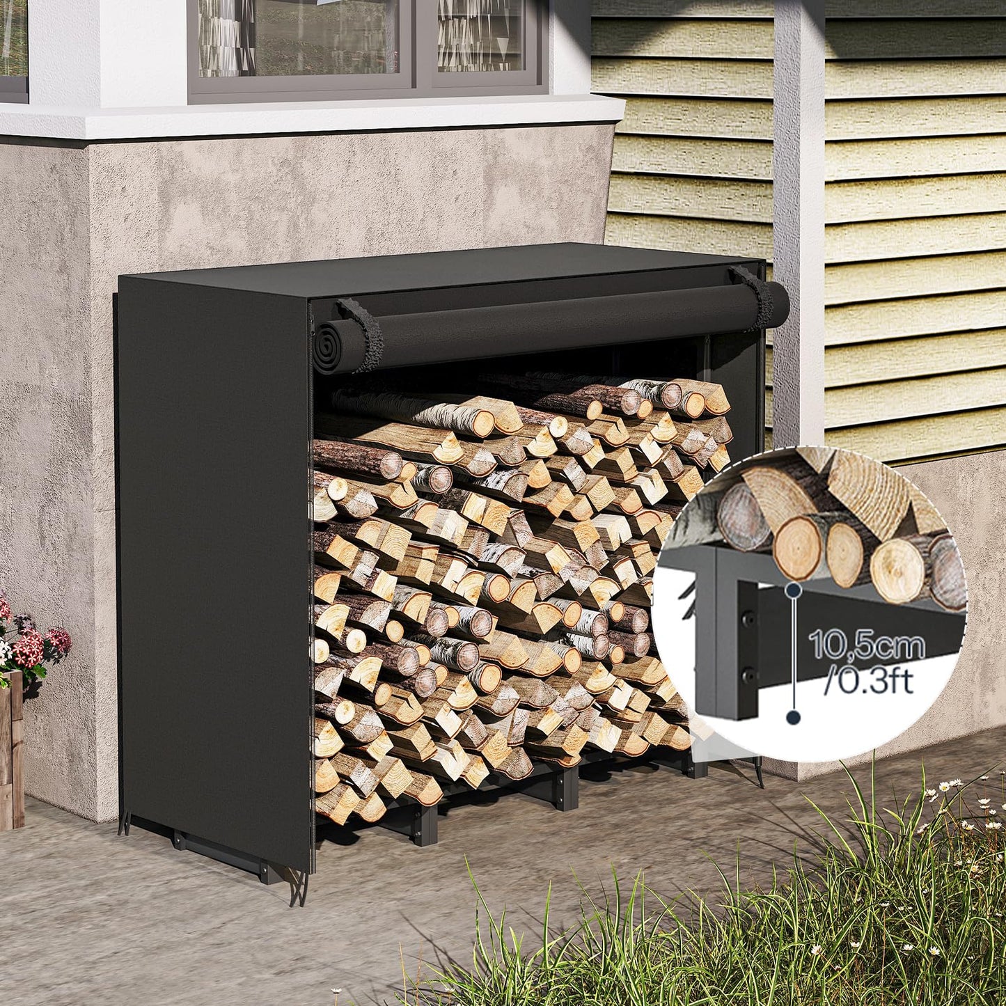 HOOBRO 4FT Firewood Rack with Cover, Outdoor Firewood Log Rack, Adjustable Log Holder with Waterproof Cover, Fireplace Wood Storage, Heavy Duty Wood Holder, for Indoor and Outdoor, Black BB01CH02