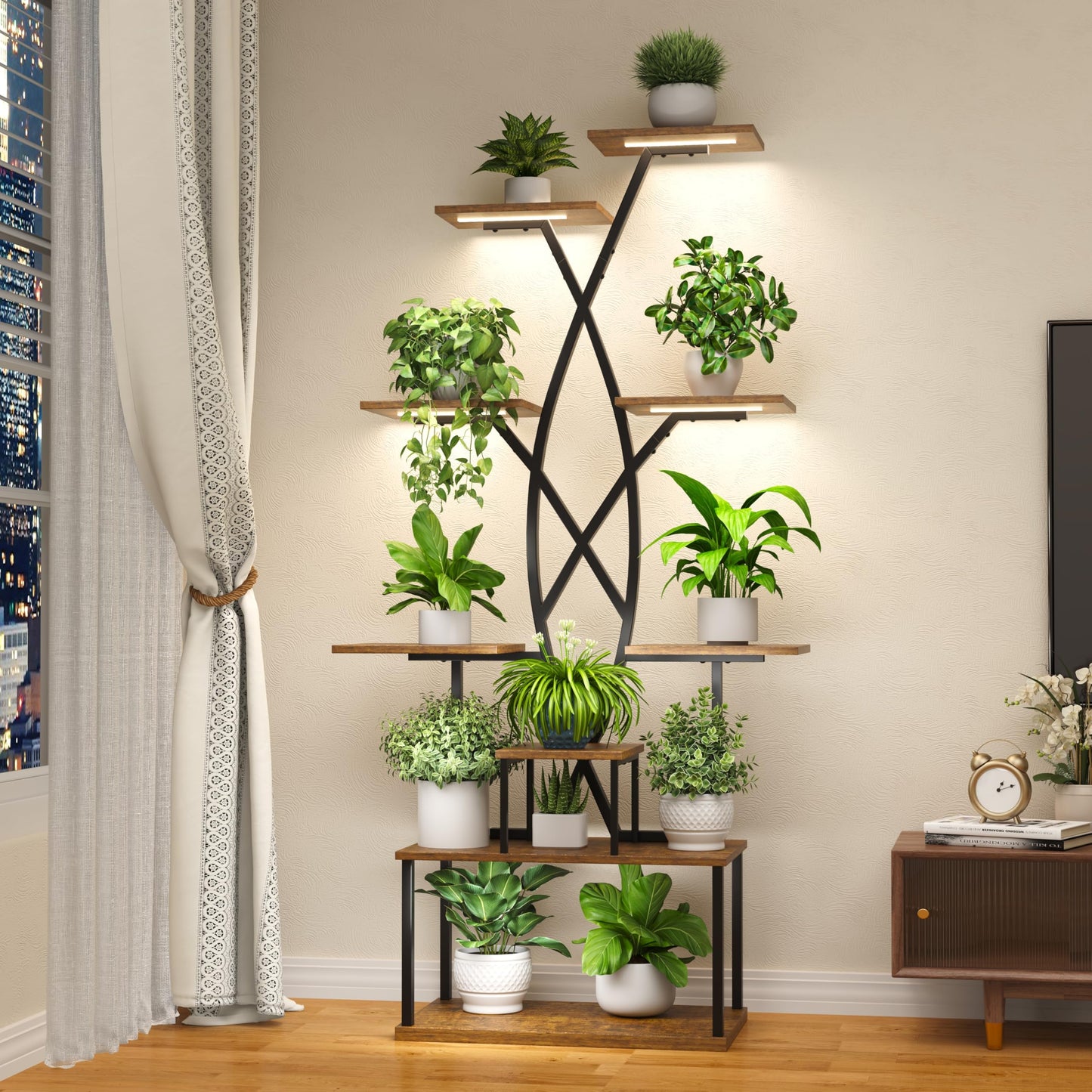 DongRong Plant Stand Indoor with Grow Lights - 9 Tiered 66" Tall Metal Plant Shelf, Curved Plant Stand with Adjustable Feets for Multiple Plants, Corner Flower Shelf for Living Room, Patio