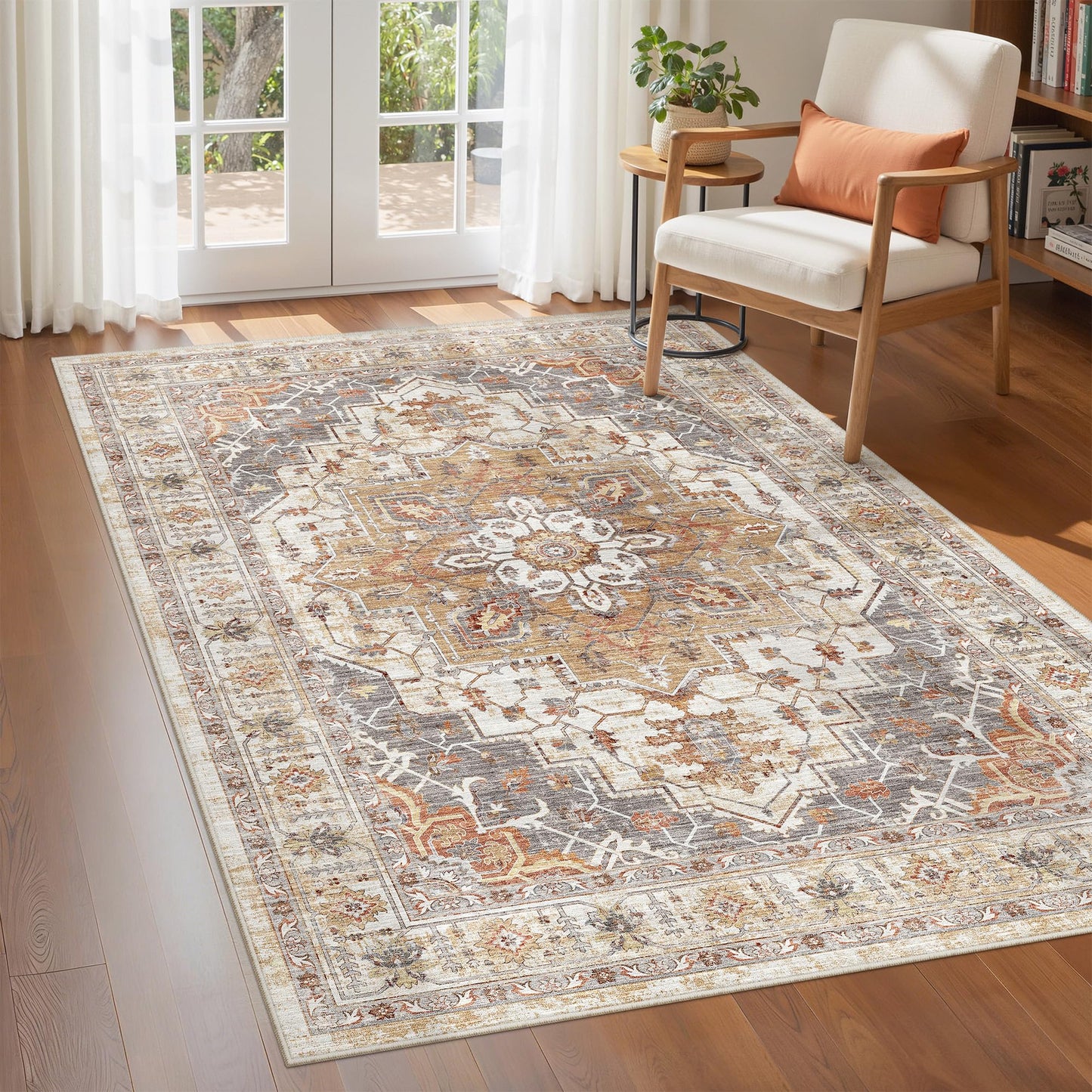 befbee 3x5 Rug, Ultra-Thin Area Rugs for Living Room,Non-Slip Lightweight Washable Rug for Bedroom,Kitchen,Entryway,Stain Resistant Small Carpet (Turmeric/Grey, 3'x5')