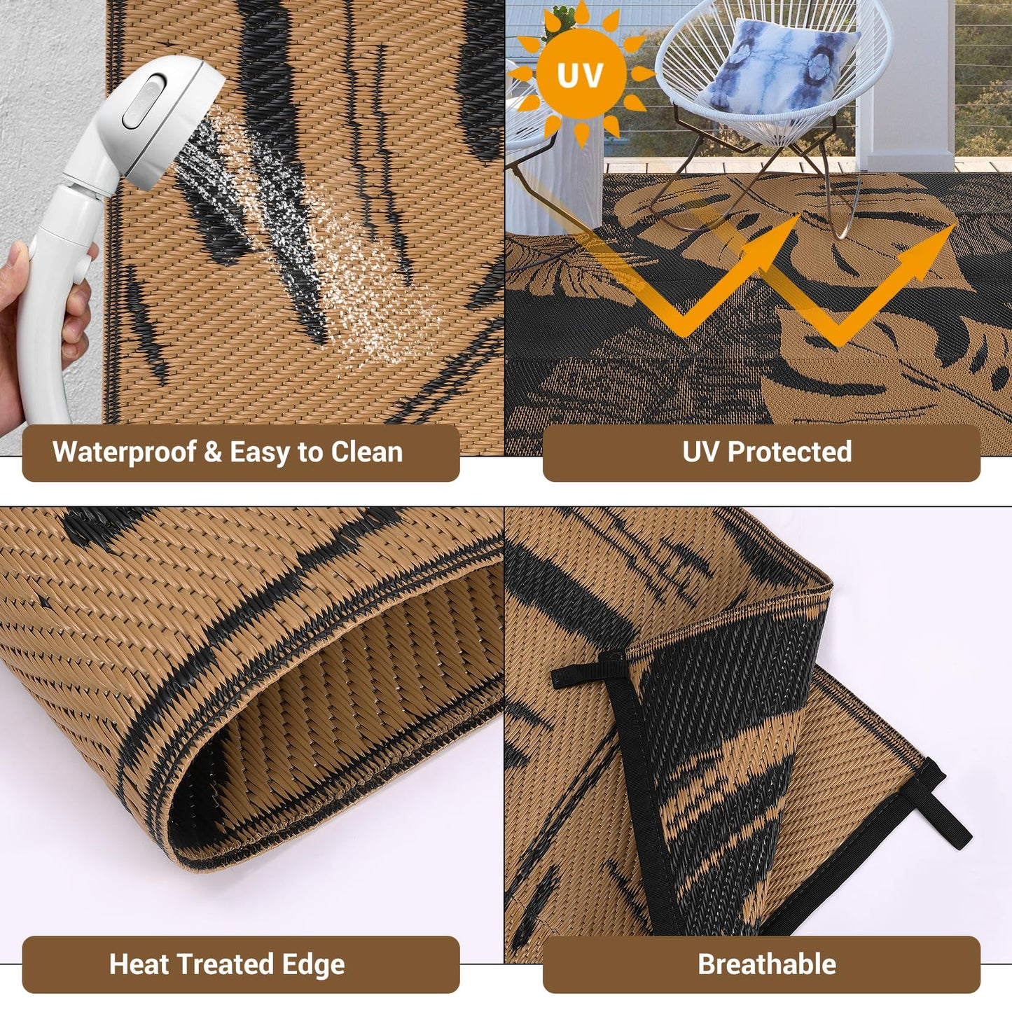 GAOMON Outdoor Rugs 8x10 Waterproof Reversible Plastic Straw Rug Modern Patio Rug, Foldable Lightweight RV Camping Mat with Portable Bag & 4 Stakes, UV Resistant & Sturdy for Picnic, Brown