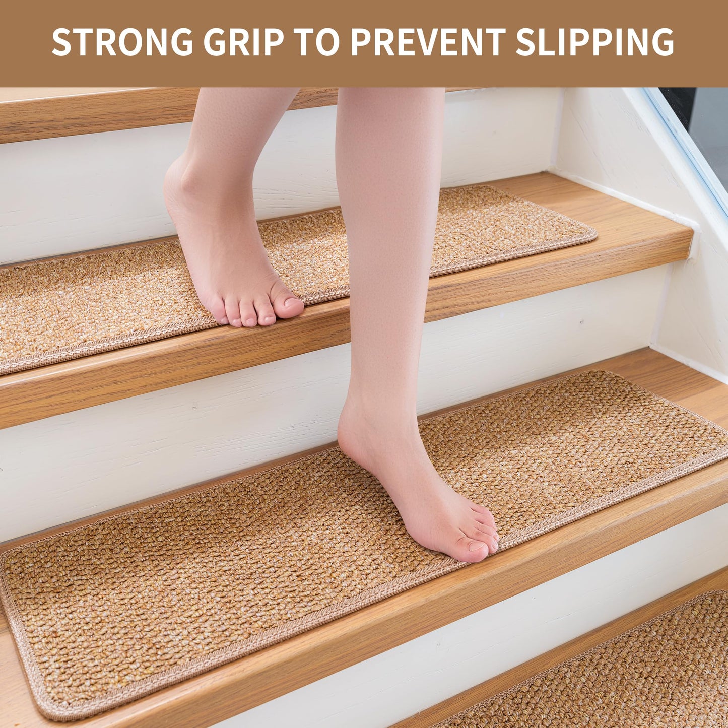 DONJOP 9.5x36 Inch Stair Treads for Wooden Steps Indoor(15-Pack) – Non Slip Adhesive Peel and Stick Carpet Stair Treads, Washable & Reusable Stair Runner Rugs for Kids Elders and Pets-Khaki