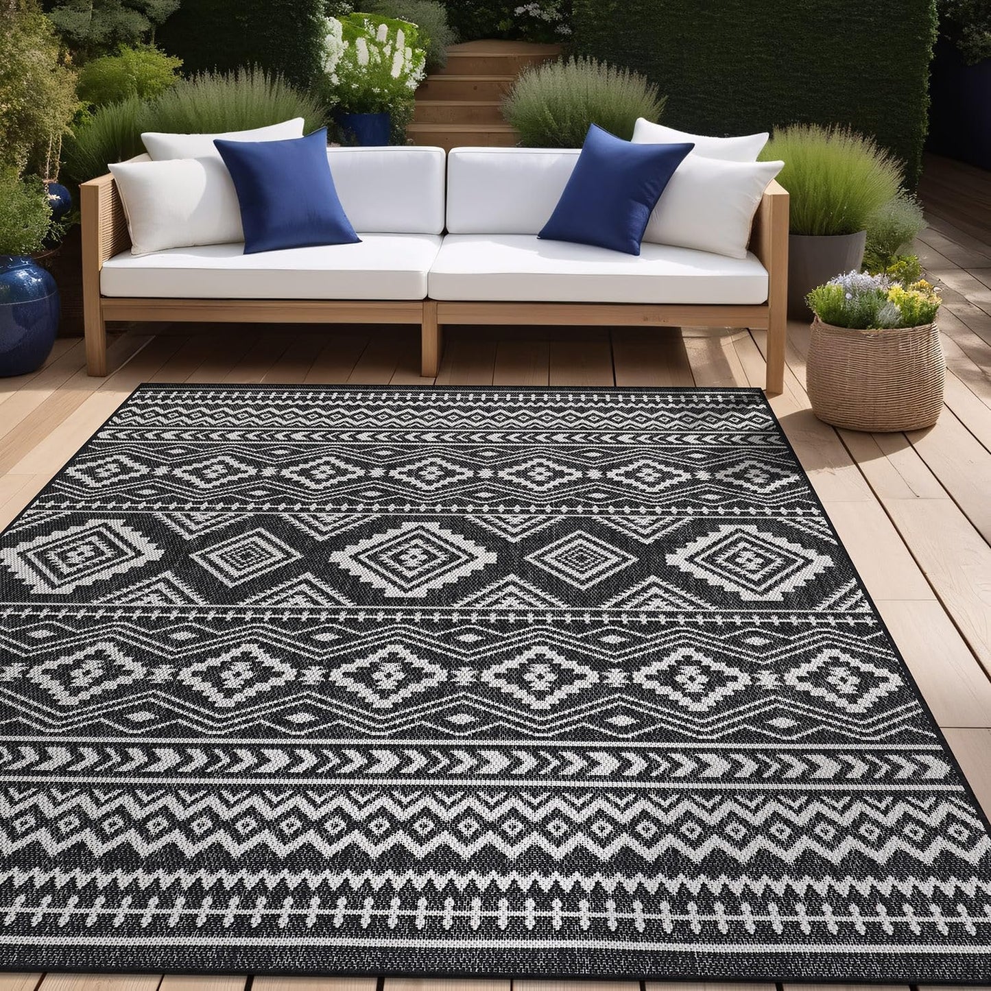 Beverly Rug Waikiki Boho Indoor Outdoor Rug 5x7, Washable Outside Carpet for Patio, Deck, Porch, Bohemian Area Rug, Farmhouse Rugs, Aztec Tribal Rug, Black and White