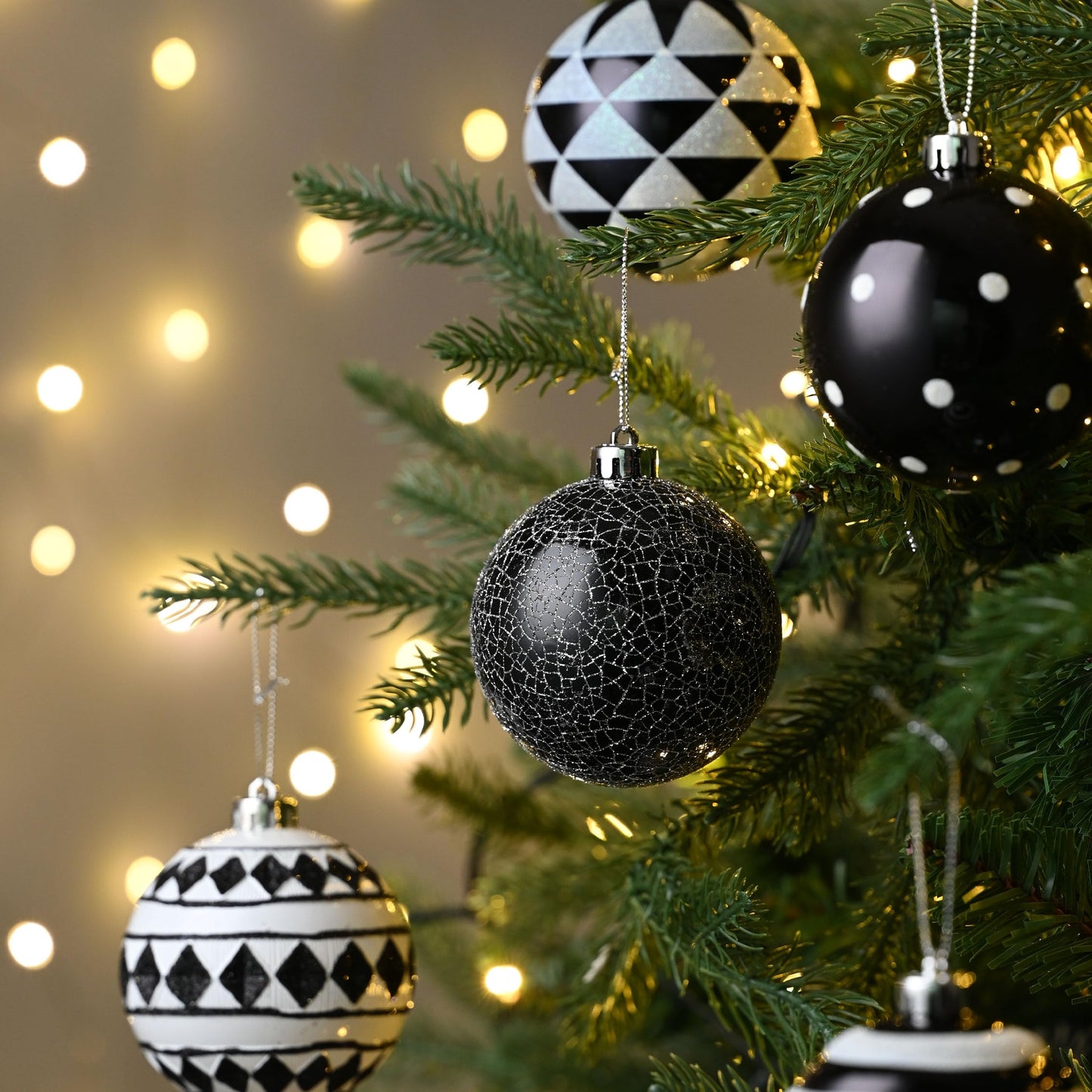 Valery Madelyn Large Christmas Ornaments Tree Decorations, 16ct Black White Boho Shatterproof Christmas Ball Ornaments Set, 3.15 Inch Boho Modern Hanging Ornament Bulk for Xmas Holiday Party Decor