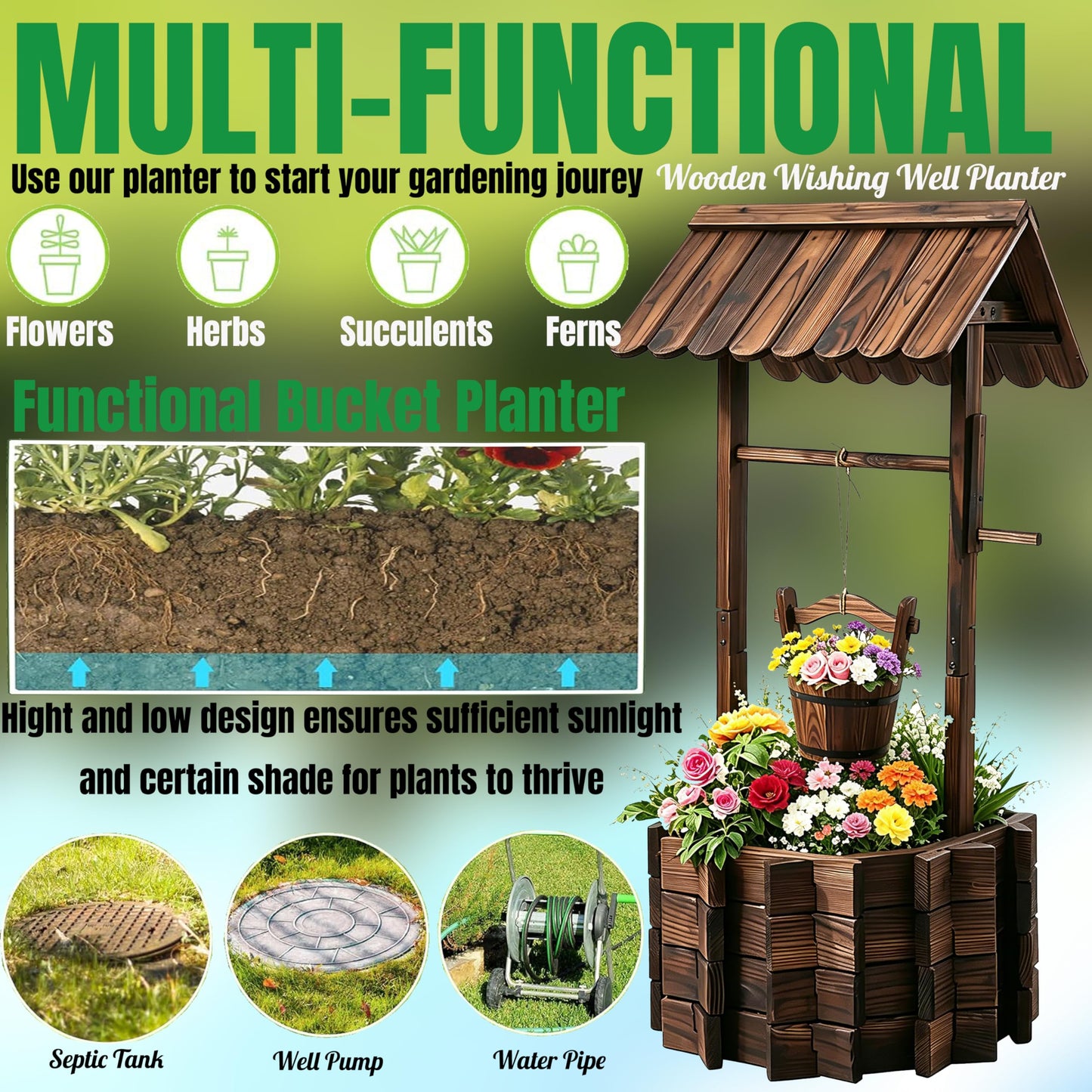 NestNature 21.75" Carbonized Wooden Wishing Well Planter for Outside, Rustic Outdoor Wishing Well with 4 Reinforced Rods & Hanging Bucket, Decorative Well Cover for Yard Garden Patio Lawn Backyard