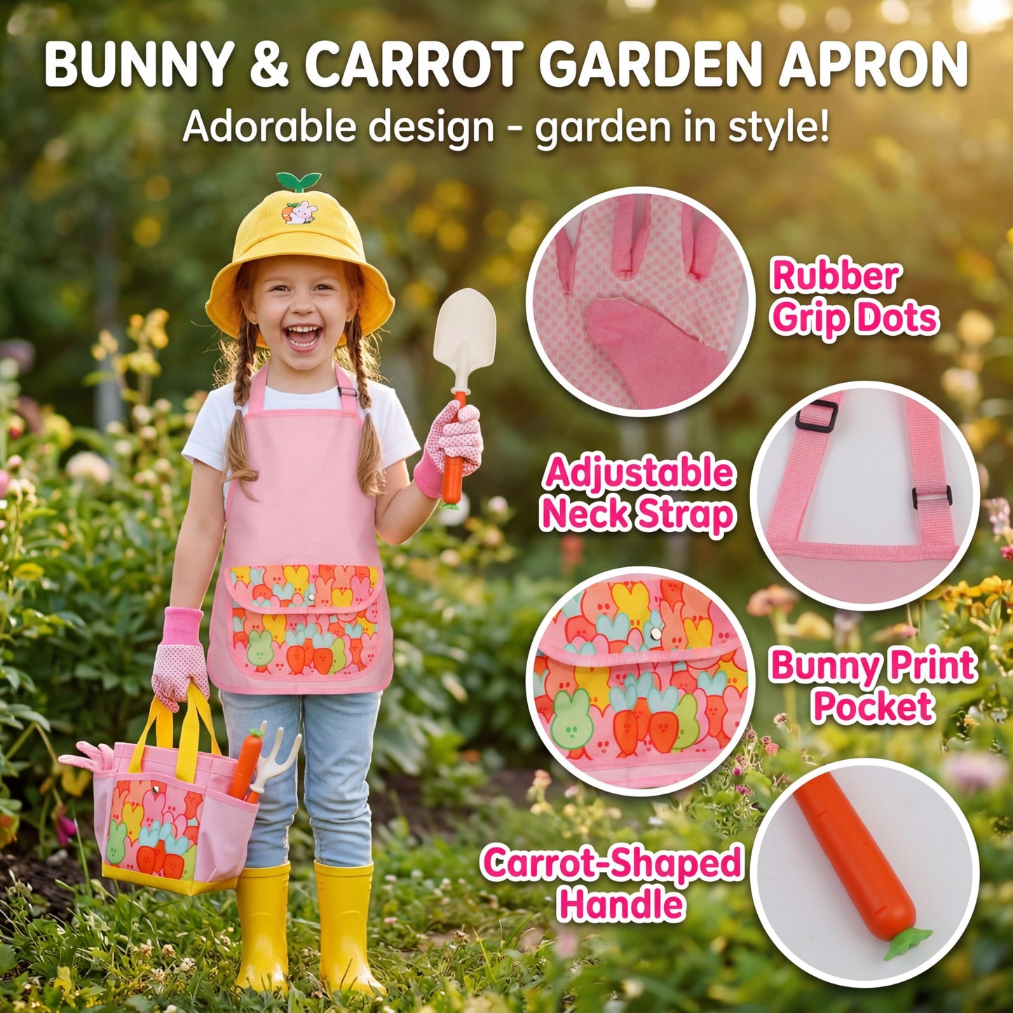 Kids Gardening Outdoor Tools Set with Adorable Sun Protective Hat & Bunny Apron, Carrot-Shaped Shovel Rake Trowel, Garden Kit for Toddlers Ages 3-8, Spring Birthday Gift