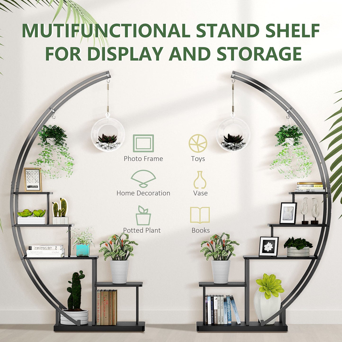 5 Tier Metal Plant Stand Indoor, 67.25“ Tall Half Moon Shape Multiple Stand Holder Shelf Planter Display, Hanging Shelf Flower Stand Ladder for Patio Garden Living Room, Black Set of 2