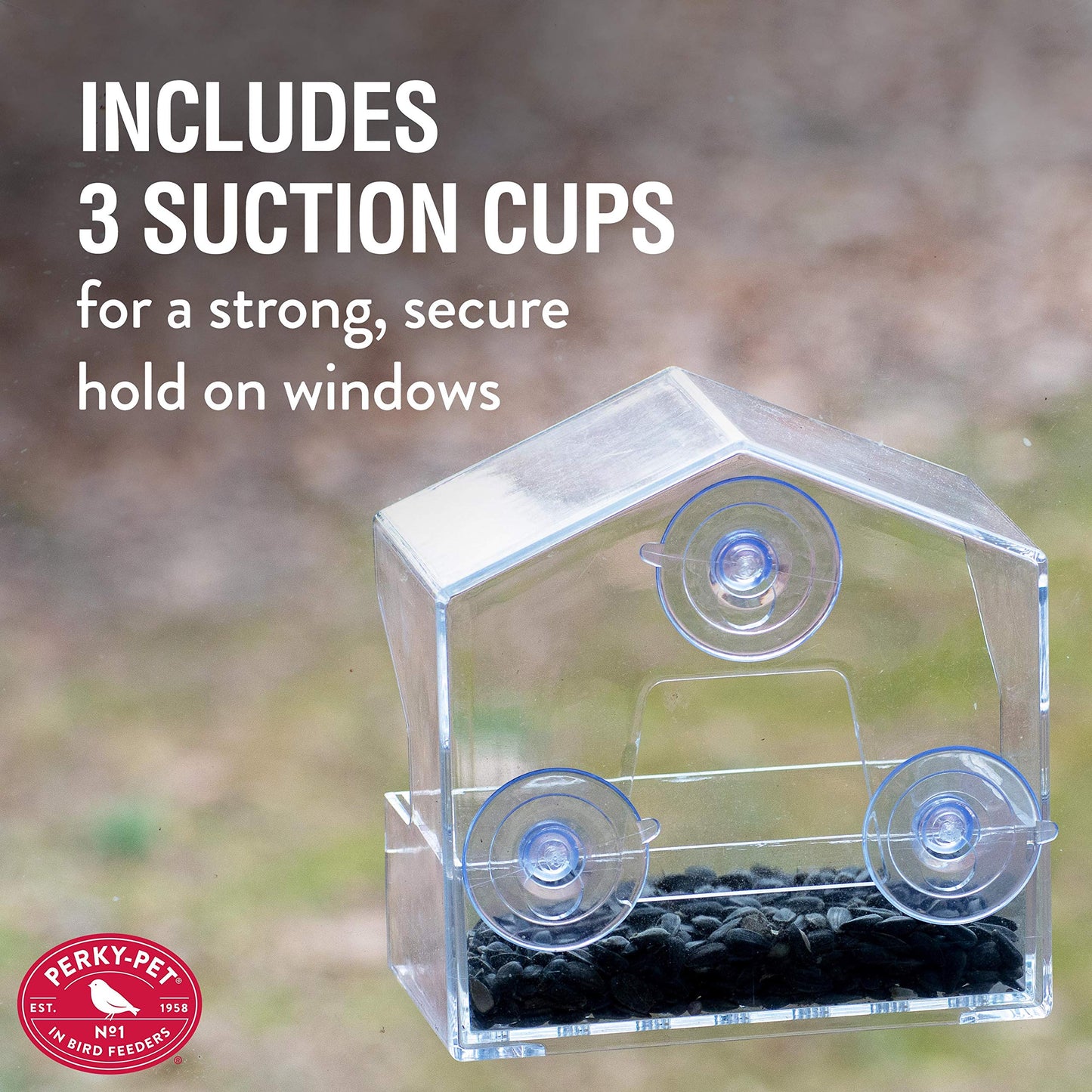 Perky-Pet Clear Outdoor Window Bird Feeder with Strong Suction Cups – 1/2 Lb Seed Capacity - Perky Pet 345 - Entertaining Bird Feeding - Watch Birds Eat Seeds