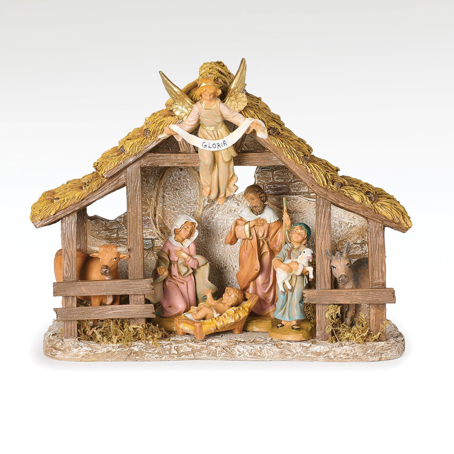 Fontanini by Roman 5" Scale Nativity Set, 7-Piece Holy Family Scene with Shepherd and Animals, Resin Stable with Angel, Classic Christmas Decoration