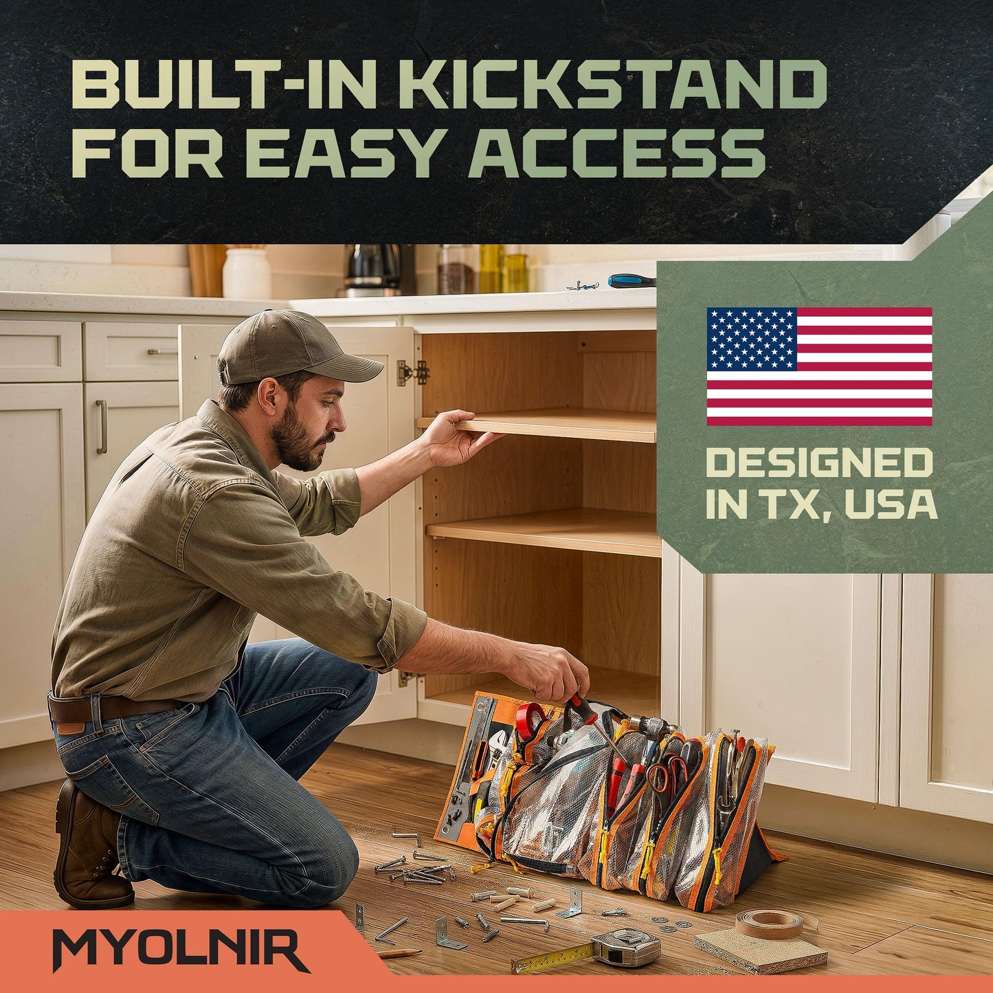 Myolnir Roll Up Tool Bag Organizer With Kickstand - Full-Size 25" Heavy Duty Tool Roll Bag - Portable Rollup Toolbag With Magnetic Panels & Transparent Pockets - Mechanic & Electrician