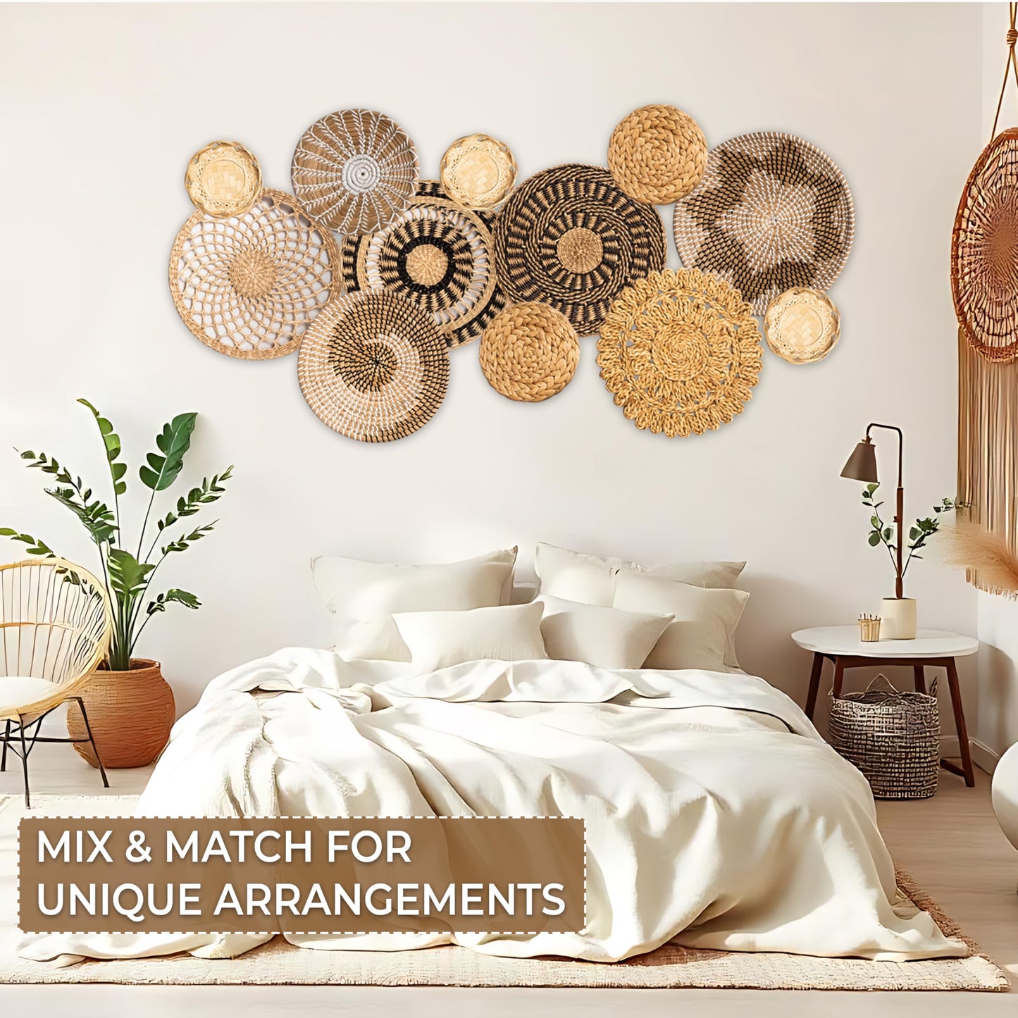 Laquedecraft Set 12 Boho Wicker Rattan Plate Basket Set For Décor Hanging Wall | Large Woven Farmhouse Rustic Bohemian Art Baket Hangings For Decorative Home, Bedroom, Living Room, Kitchen, Bathroom (Classic, 12)