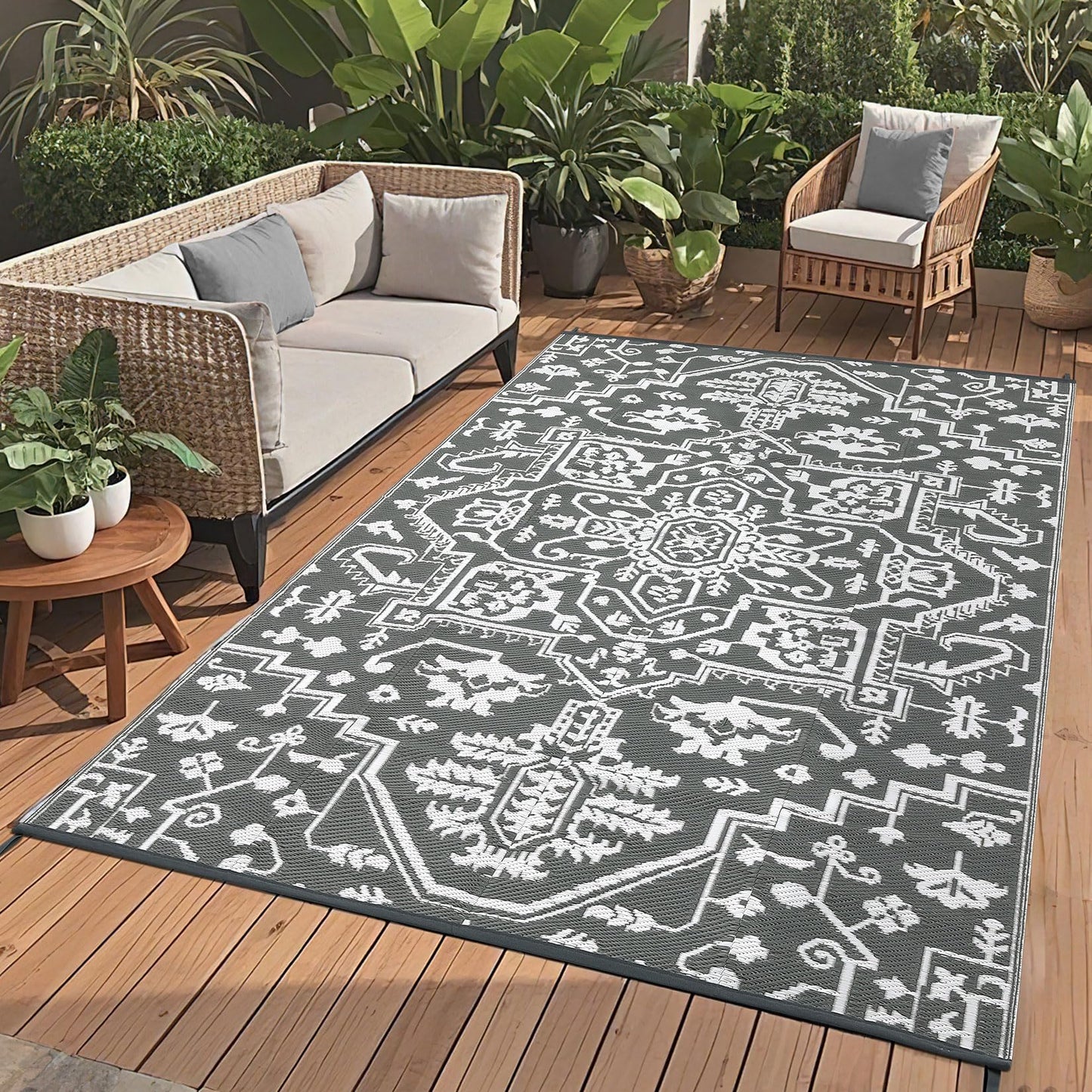 Jojoka Waterproof Reversible Outdoor Rug, Durable Plastic Straw Medallion Mat, UV-Resistant Easy Clean All-Weather Carpet for Patio, Backyard, Porch, Deck, Camping & RV