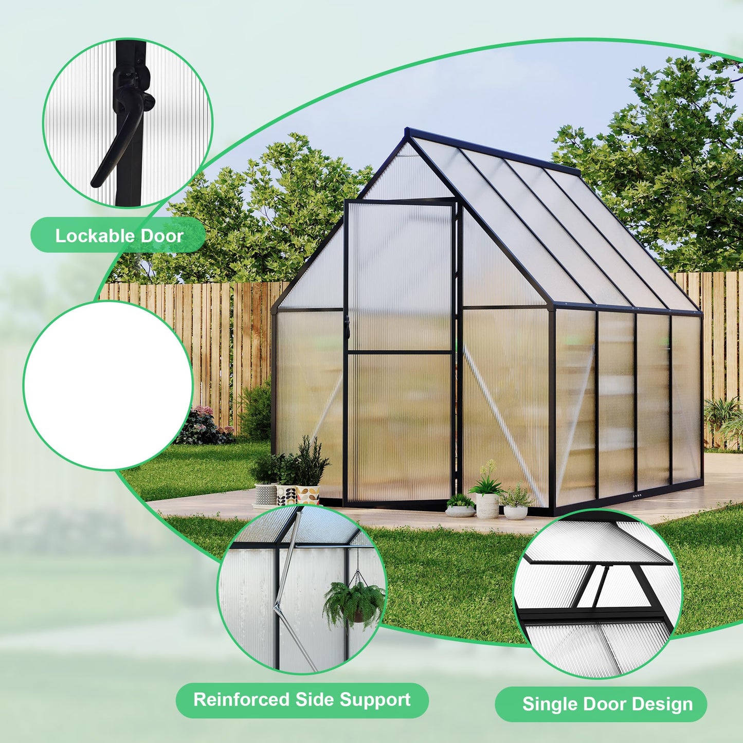 GarveeLife 6'x7' Aluminum-Framed Polycarbonate Greenhouse, Heavy Duty Polycarbonate Greenhouse with Quick Setup Structure and Roof Vent, Large Enhanced Aluminum Green House Kit for Outdoors