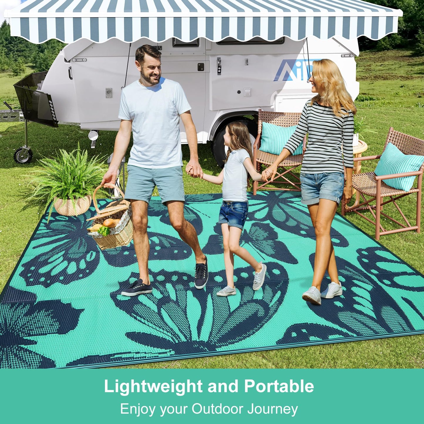 Uphome Outdoor Rug Waterproof 6x9 ft, Patio Plastic Straw Rugs for RV Camping, Reversible Butterfly Mat Outside, Indoor Outdoor Floor Carpet for Back Yard Deck Balcony Porch Beach Picnic, Teal