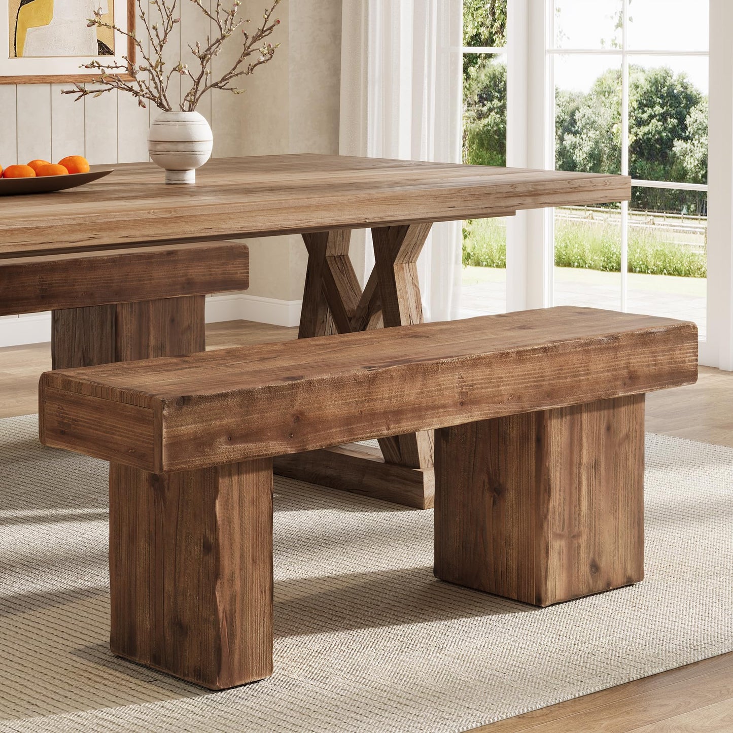 TRIBEWOOD Thickened Solid Wood Bench, 47" Rustic Farmhouse Entryway Bench with Artistic Legs, Heavy Duty Dining Bench for Kitchen, Living Room, Hallway, End of Bed, Natural Wood