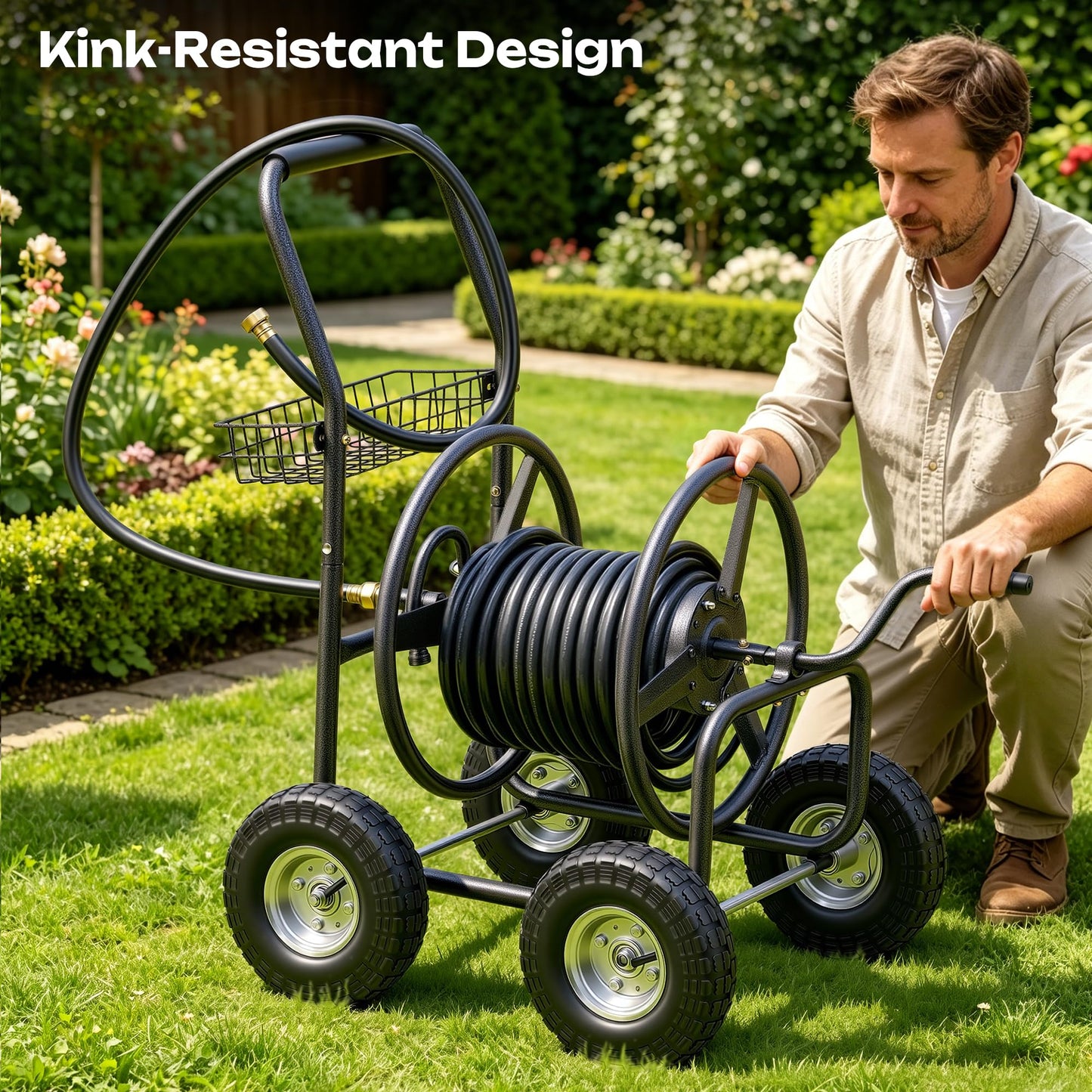 Autodaya Garden Water Hose Reel Cart - 250 ft. Capacity, 10" Pneumatic Tires, Powder-Coated Steel Frame for Tangle-Free Garden Hose Storage