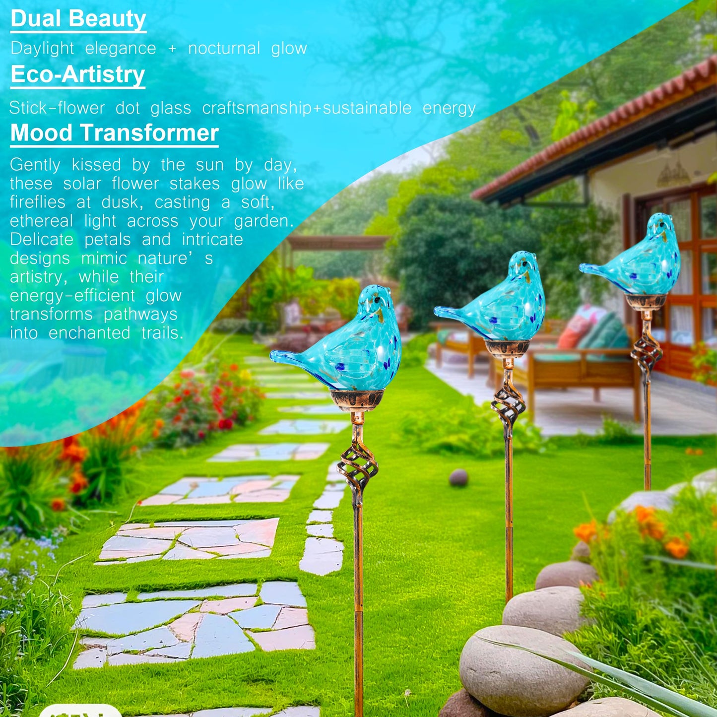 Naboher Decorative Solar Lights, Outdoor Solar Bird Stake Lights, Hand Blown Glass Decorative Garden Pathway Lights Outdoor Waterproof Glass Stakes (Light Blue)