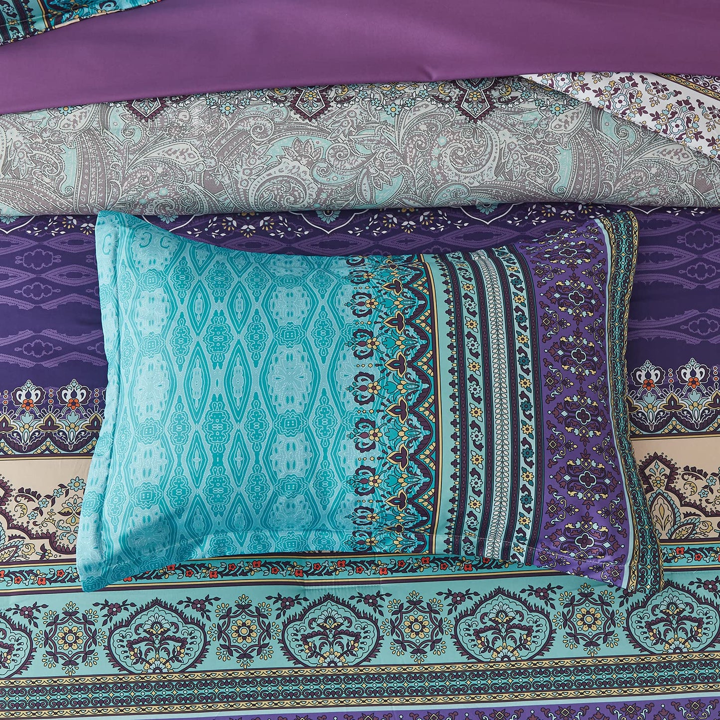 Cottolester Boho Comforter Set Queen Size 8 Piece Bed in a Bag Bohemian Striped Bedding Quilt Set Aqua Paisley Floral Comforter and Sheet Set,Soft Microfiber Complete Bedding Sets for All Season