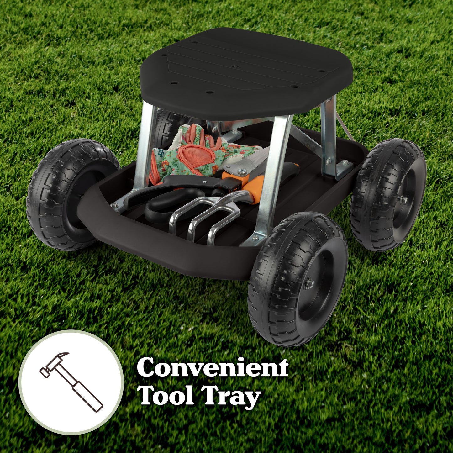 Gardening Stool - Rolling Garden Seat with Wheels and Storage Tool Tray - Garden Cart Scooter - Yard Tools by Pure Garden (Black)