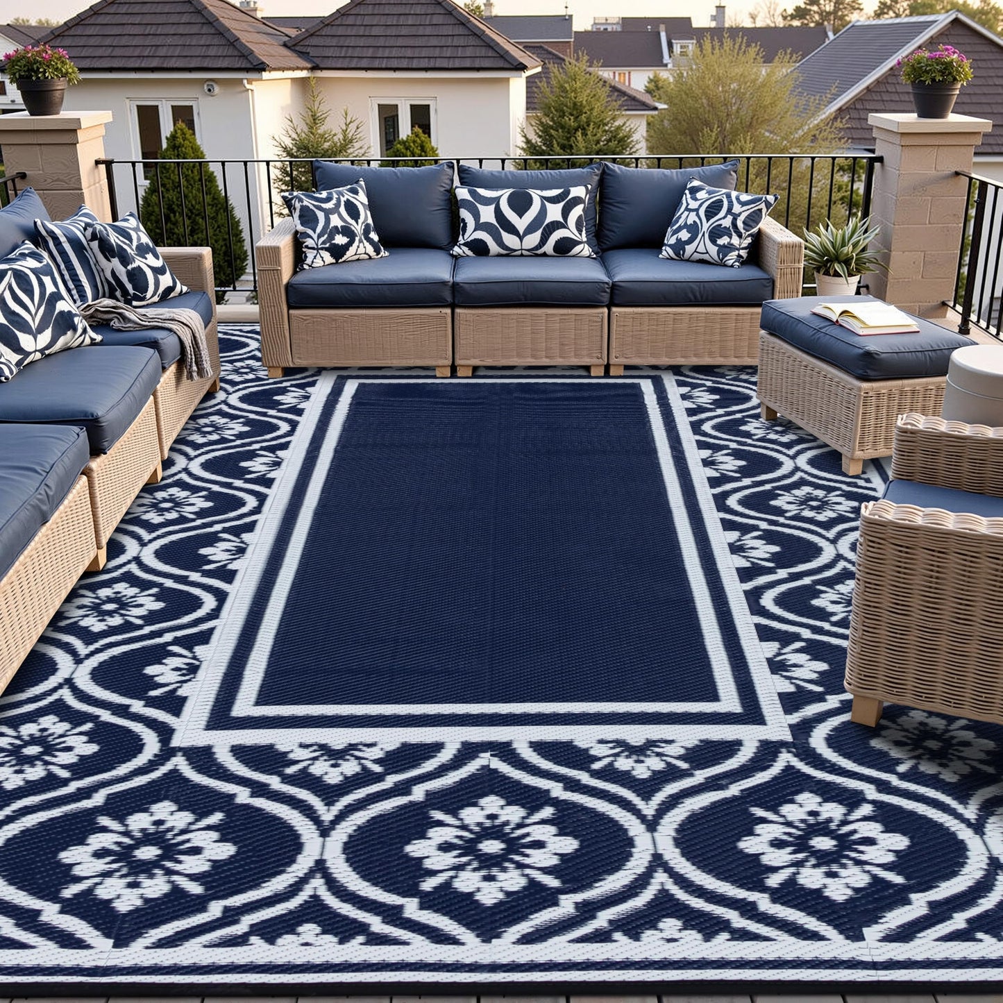 HUGEAR Outdoor Rug 8x10 Patio Camping Carpet Waterproof Mat Blue Outside Plastic Area Rug Reversible Rugs for RV Deck Entryance Porch Picnic Balcony Beach(8x10ft Navy Blue&White)