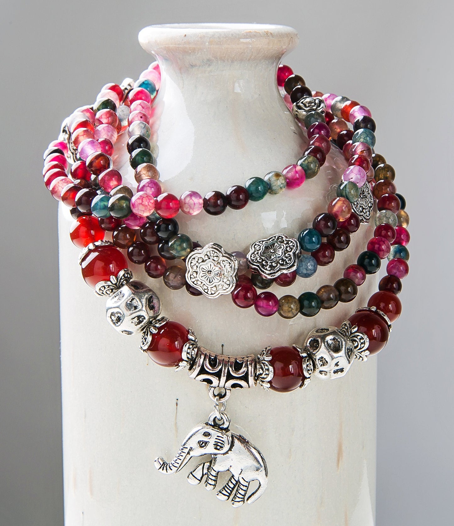 SPUNKYsoul Good Luck Elephant Natural Garnet & Agate Stretch Wrap Bracelet Mala Collection