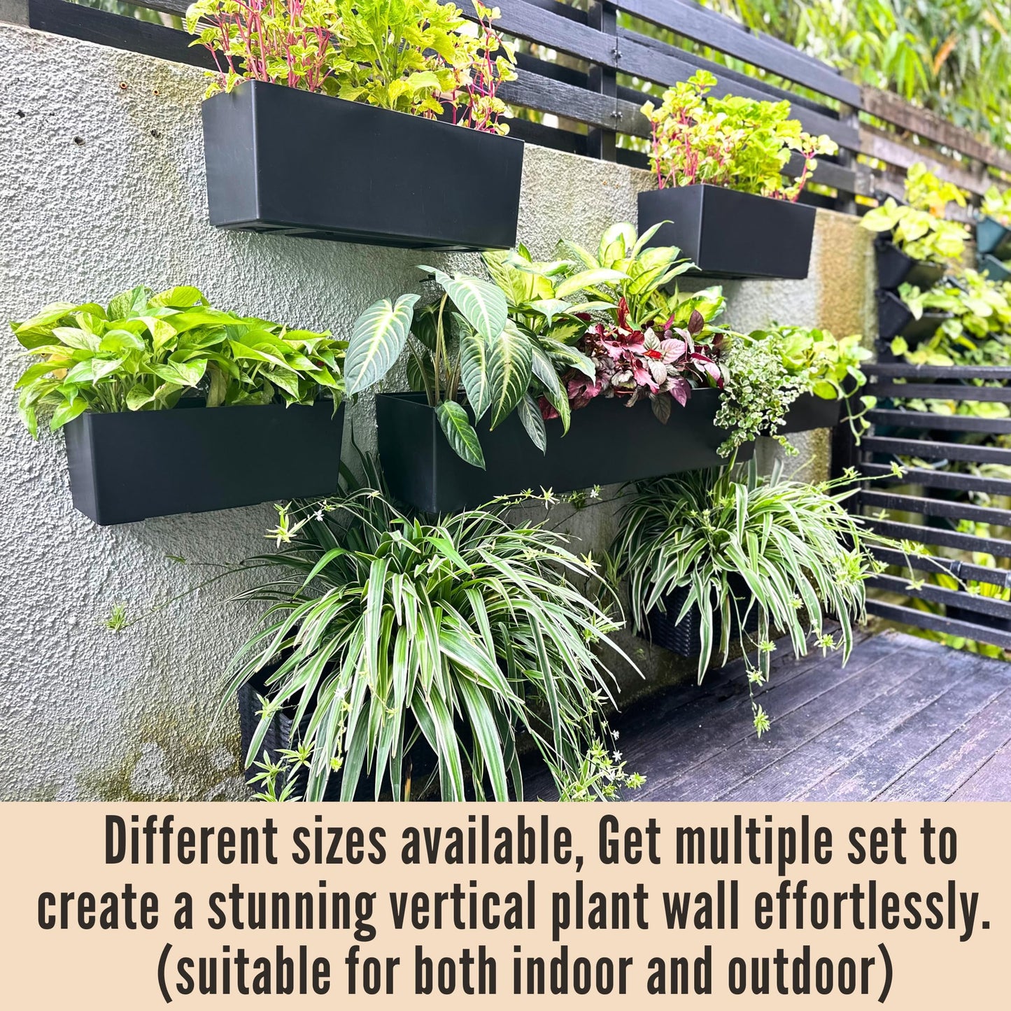 LaLaGreen Wall Planters for Outdoor (14 Inch, 4 Pack) Black Self Watering System Hanging Planter Box Flower Pot, Rectangular Wall Mount Indoor Vertical Living Garden Decoration Window Sill Herb Trendy