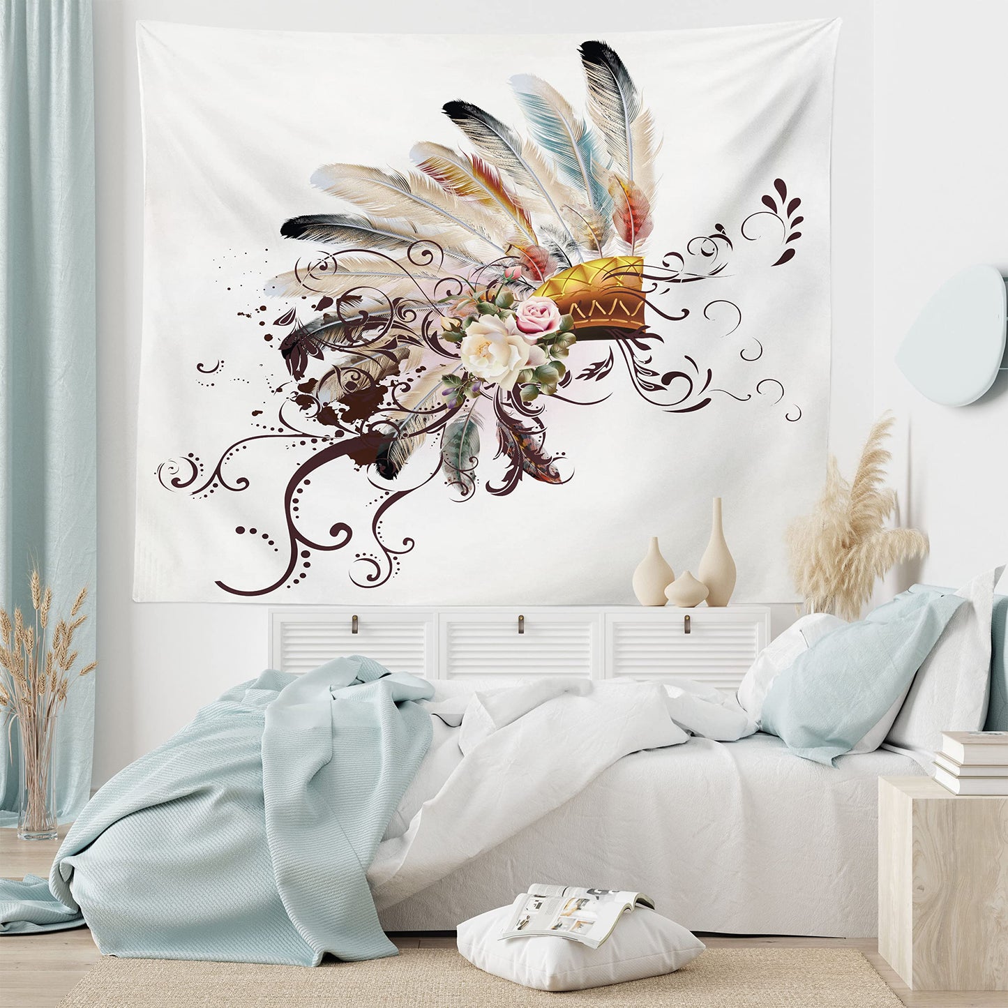 Ambesonne Feather Tapestry, Floral Arrangements Head Wear Flowers Swirls Shapes, Wide Wall Hanging for Bedroom Living Room Dorm, 60" X 40", Cream Ivory