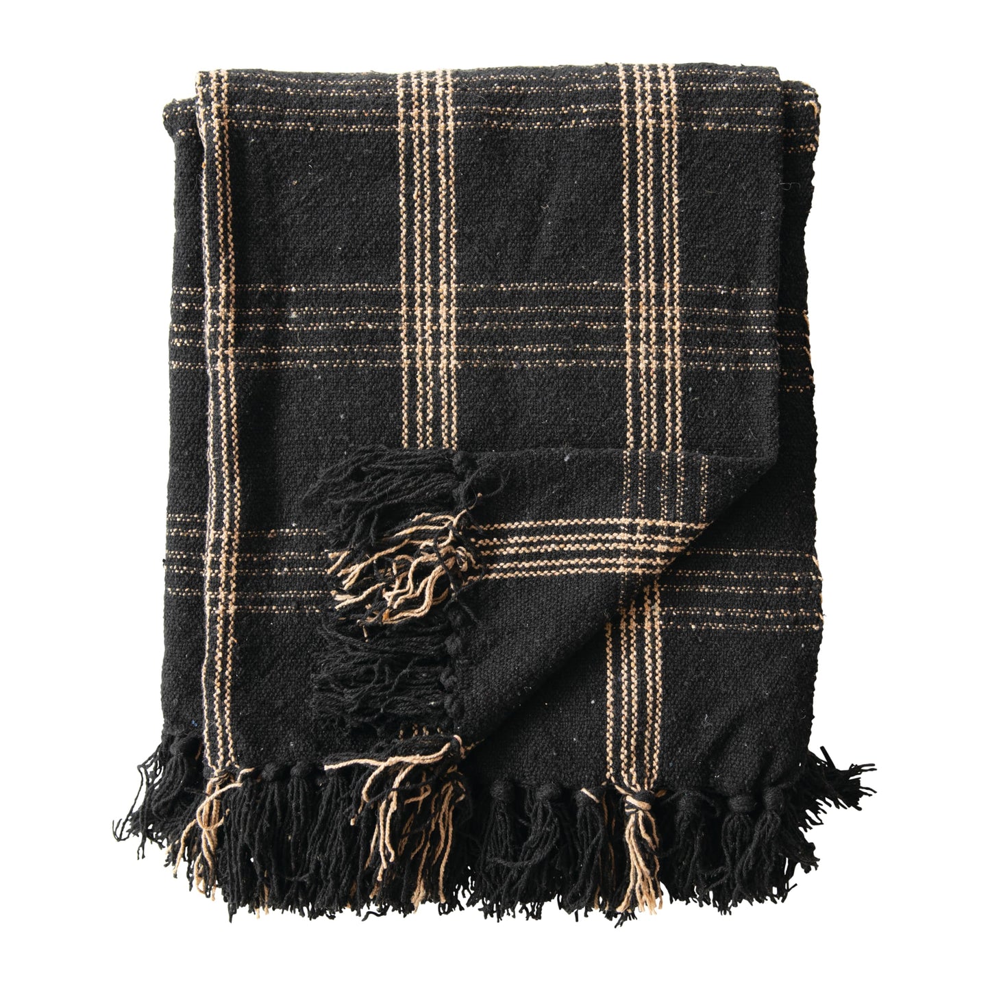 Plaid Black & Tan Fringed Woven Cotton Blend Throw
