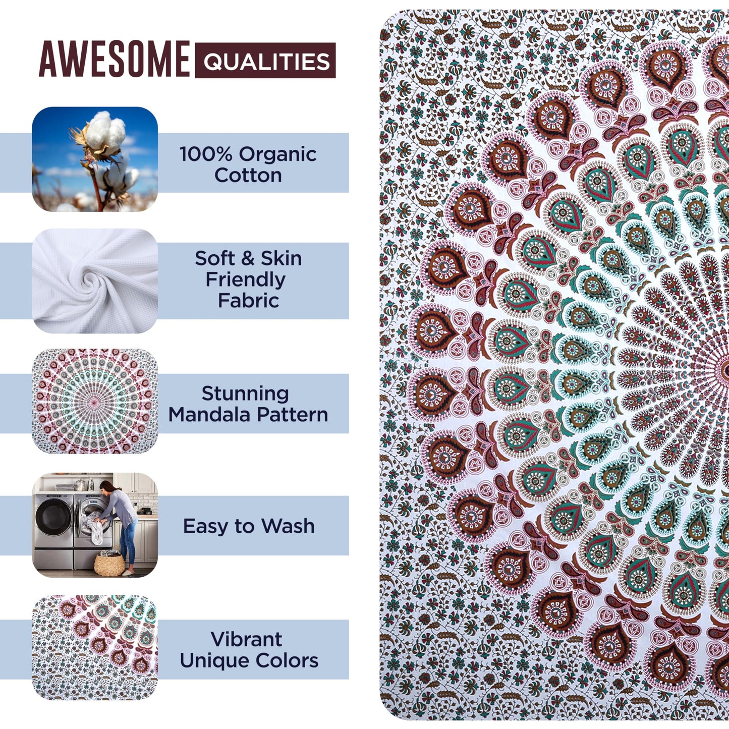 raajsee Mandala Tapestry Wall HANGINGS (White Brown Mandala, Queen 210 X 220 CMS)