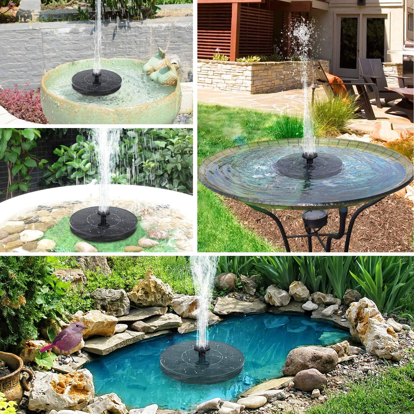 Mademax Solar Bird Bath Fountains, Upgrade 1.4W Solar Fountain Pump with 6 Nozzles, Free Standing Floating Solar Powered Water Fountain Pump for Bird Bath, Garden, Pond, Pool, Outdoor