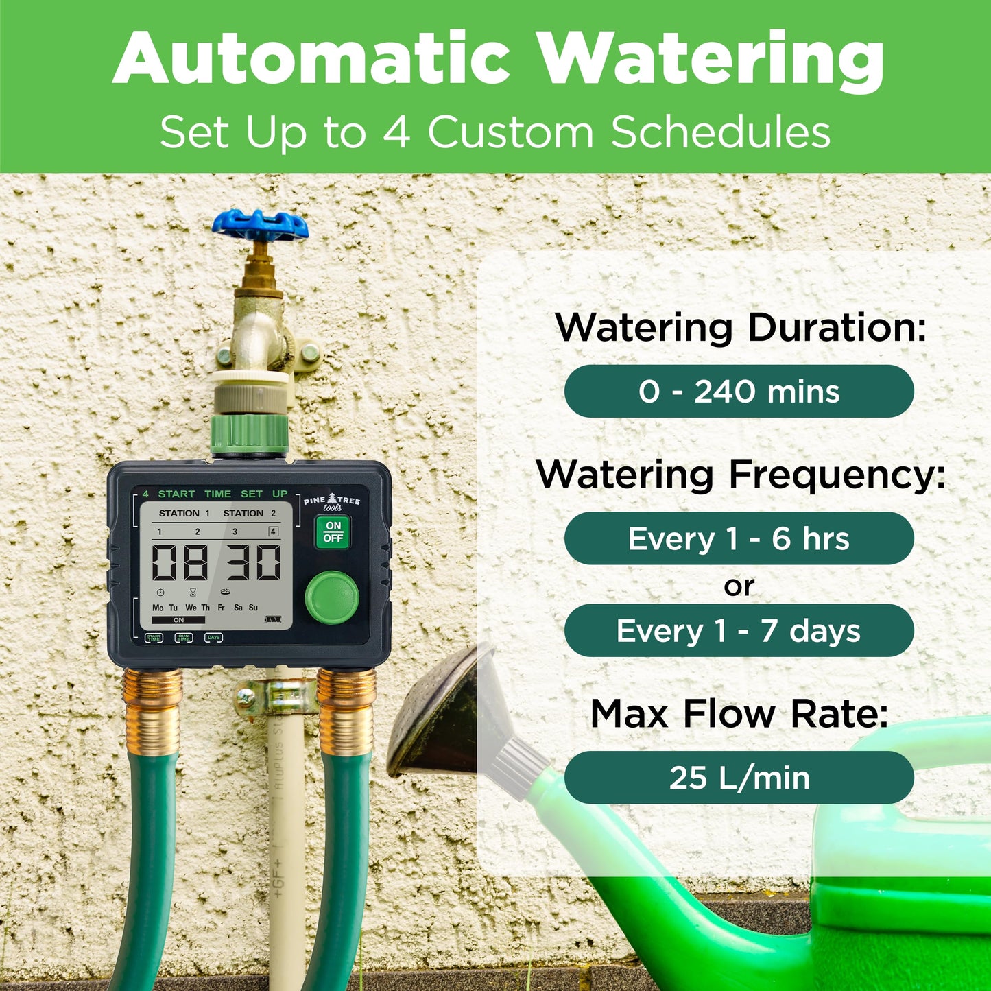 Pine Tree Tools Hose Timer - Programmable Water Timer for Garden, Automatic & Manual Watering System, Outdoor Faucet for Lawn, Garden & Yard, Battery Operated, 2 Outlet Hose Watering