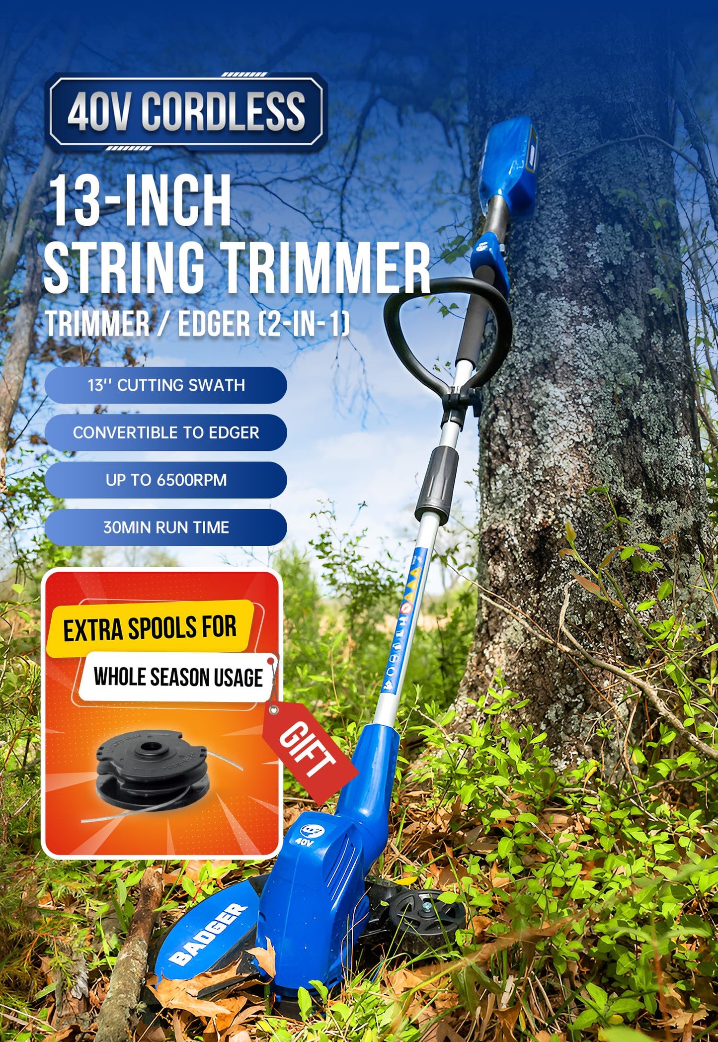 Wild Badger Power Weed Wacker 40V 13'' Cordless 2 in 1 String Trimmer/Edger with Auto Feed, 2.0Ah Battery and Charger, 2 Pack Trimmer Line