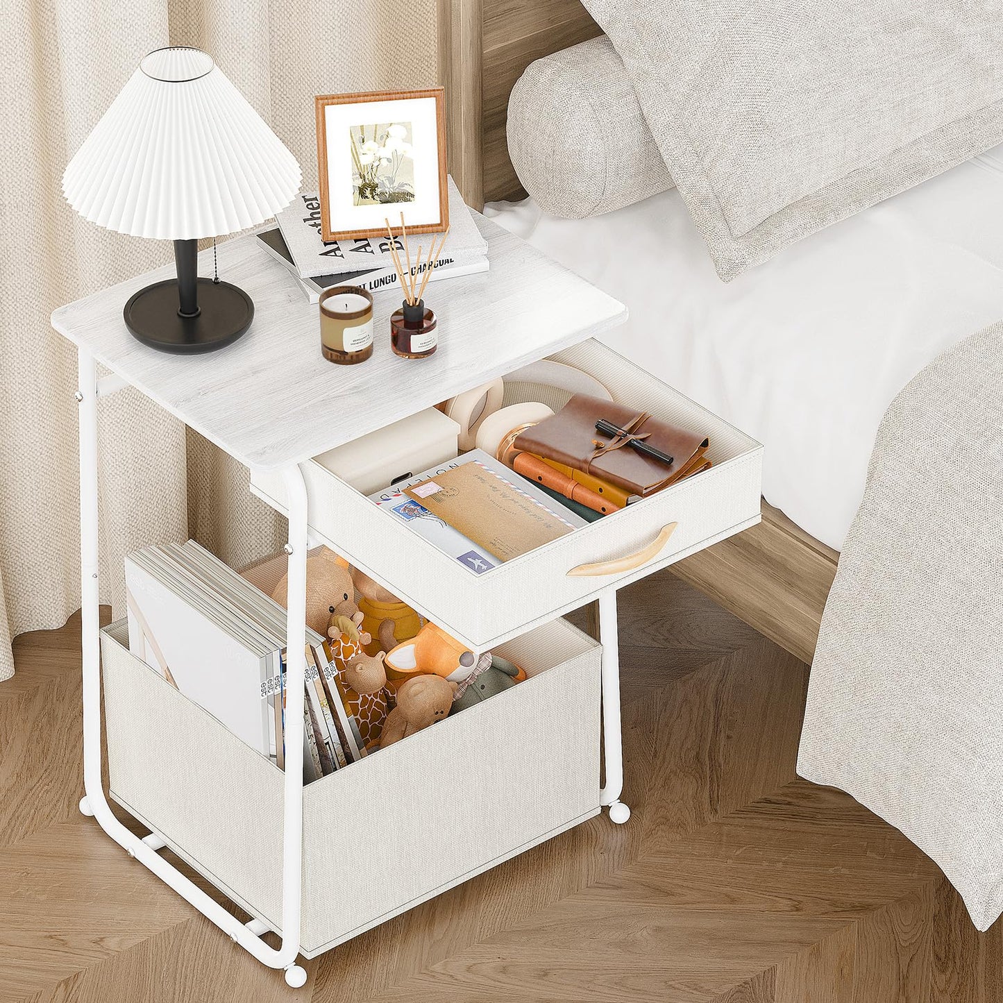 Olldide 3-Tier Bedside Table with Storage, Modern Square Nightstand with Fabric Storage Basket & Drawers, Multifunctional Side Table for Living Room, Bedroom (White)