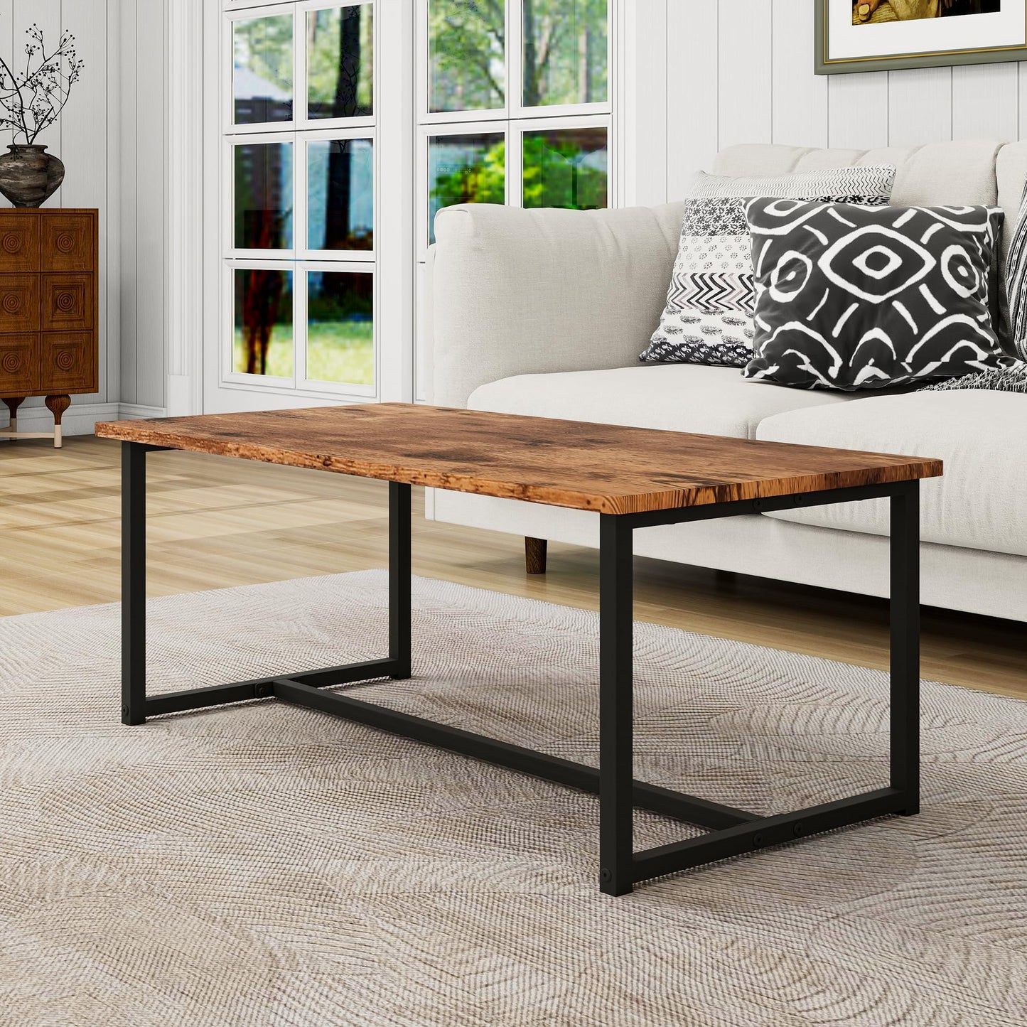 JUISSANO Coffee Table Rectangular Center Table for Living Room Open Space Side Table with Metal Frame, Easy Assembly, Black+ Rustic Brown Wood Coffee Table