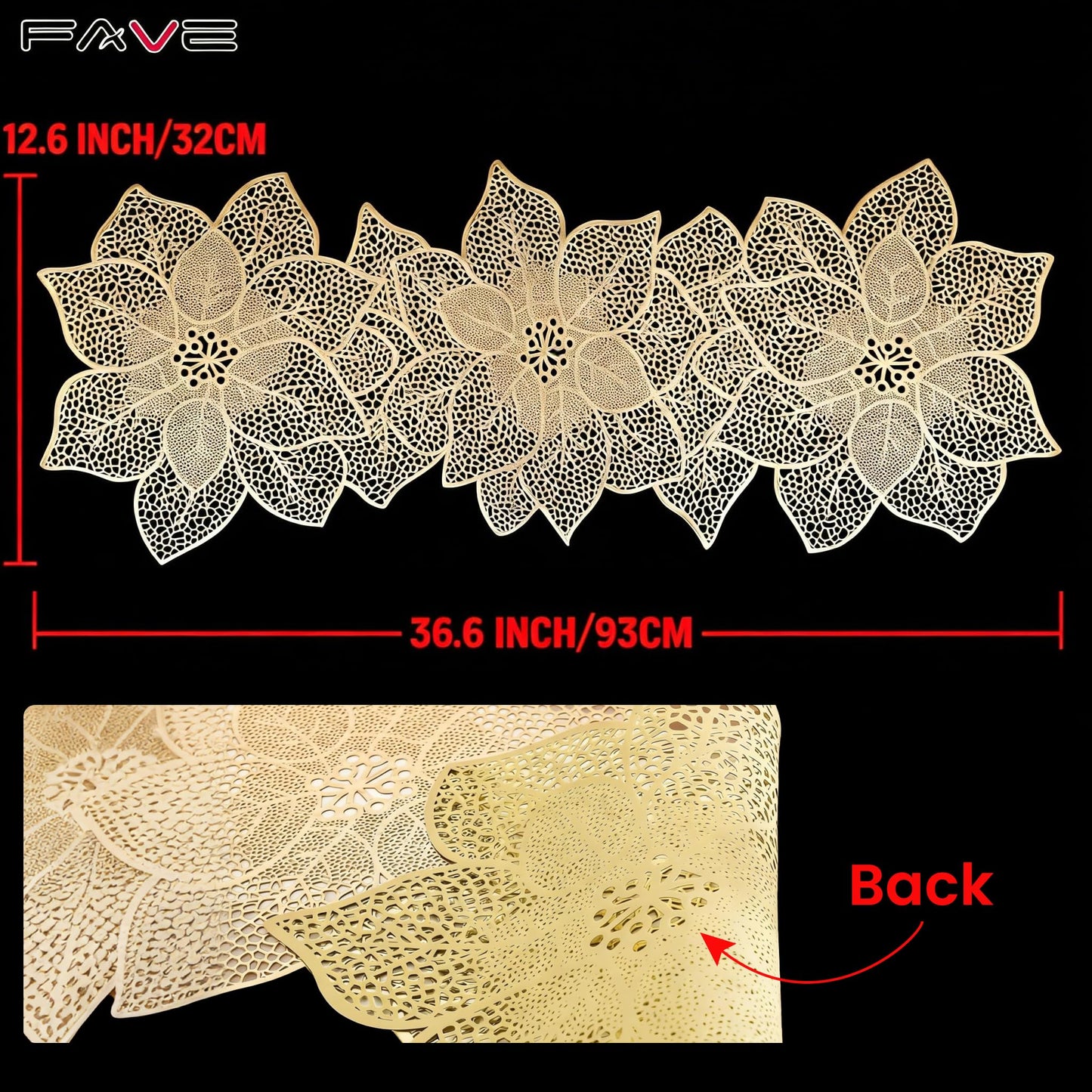 FAVE Gold Table Runner 36 Inches Flower Shaped Dining Table Runner Waterproof Washable for Wedding Banquet Birthday Party Restaurant Decor and Daily Ues(Gold Flower Shaped)