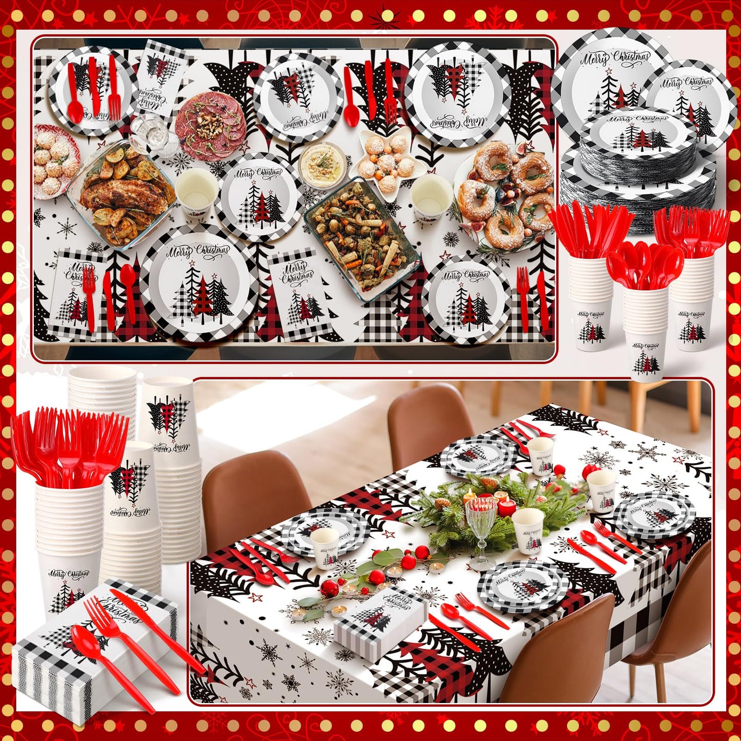 Dandat 402 Pcs Disposable Party Supplies - Christmas Plates Napkins Cups Tablecloth for Holiday Xmas (Black White, Christmas Tree)