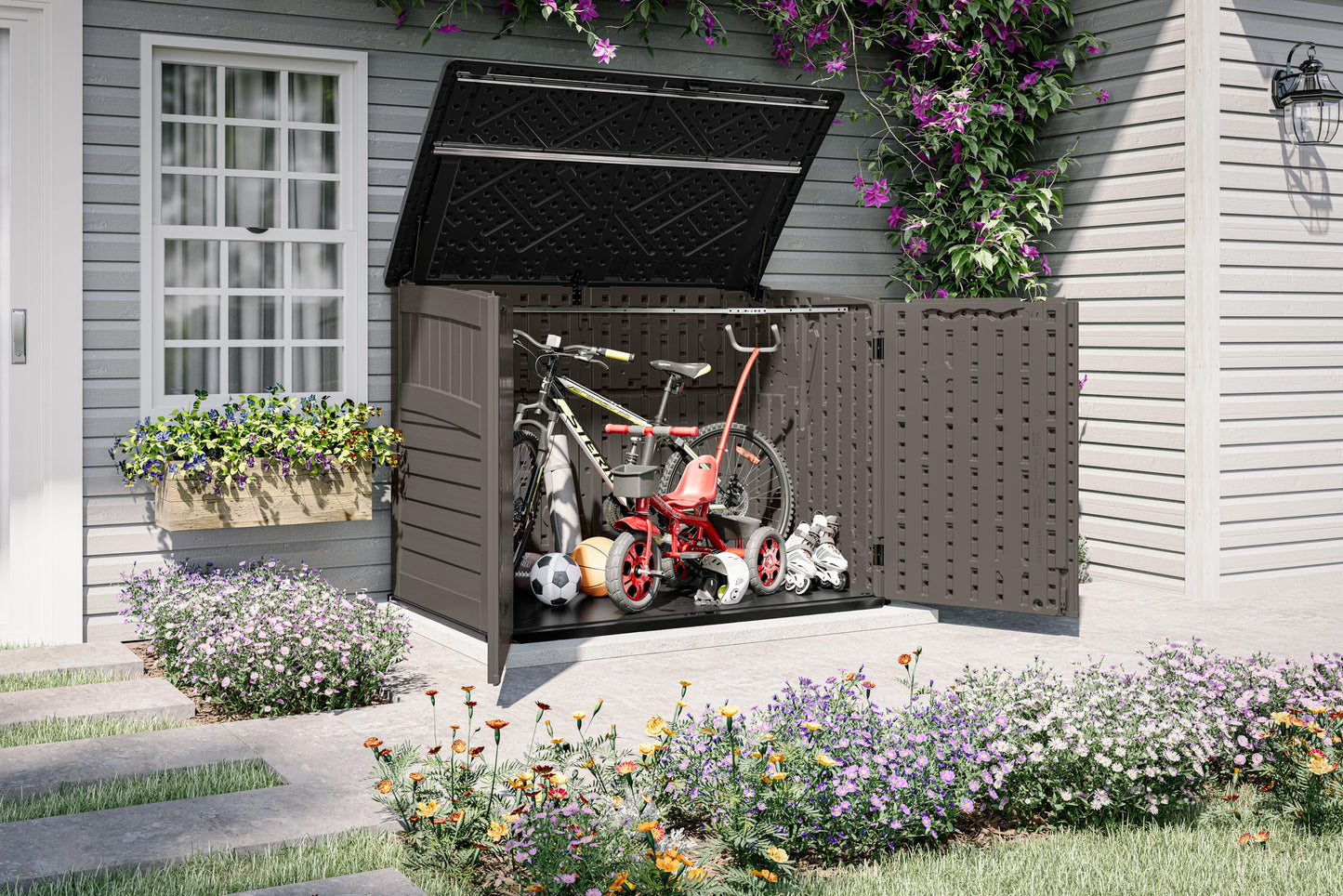 Suncast 5.9 ft. x 3.7 ft Horizontal Stow-Away Storage Shed - Natural Wood-Like Outdoor Storage for Trash Cans and Yard Tools - All-Weather Resin, Hinged Lid, Reinforced Floor - Made in The USA
