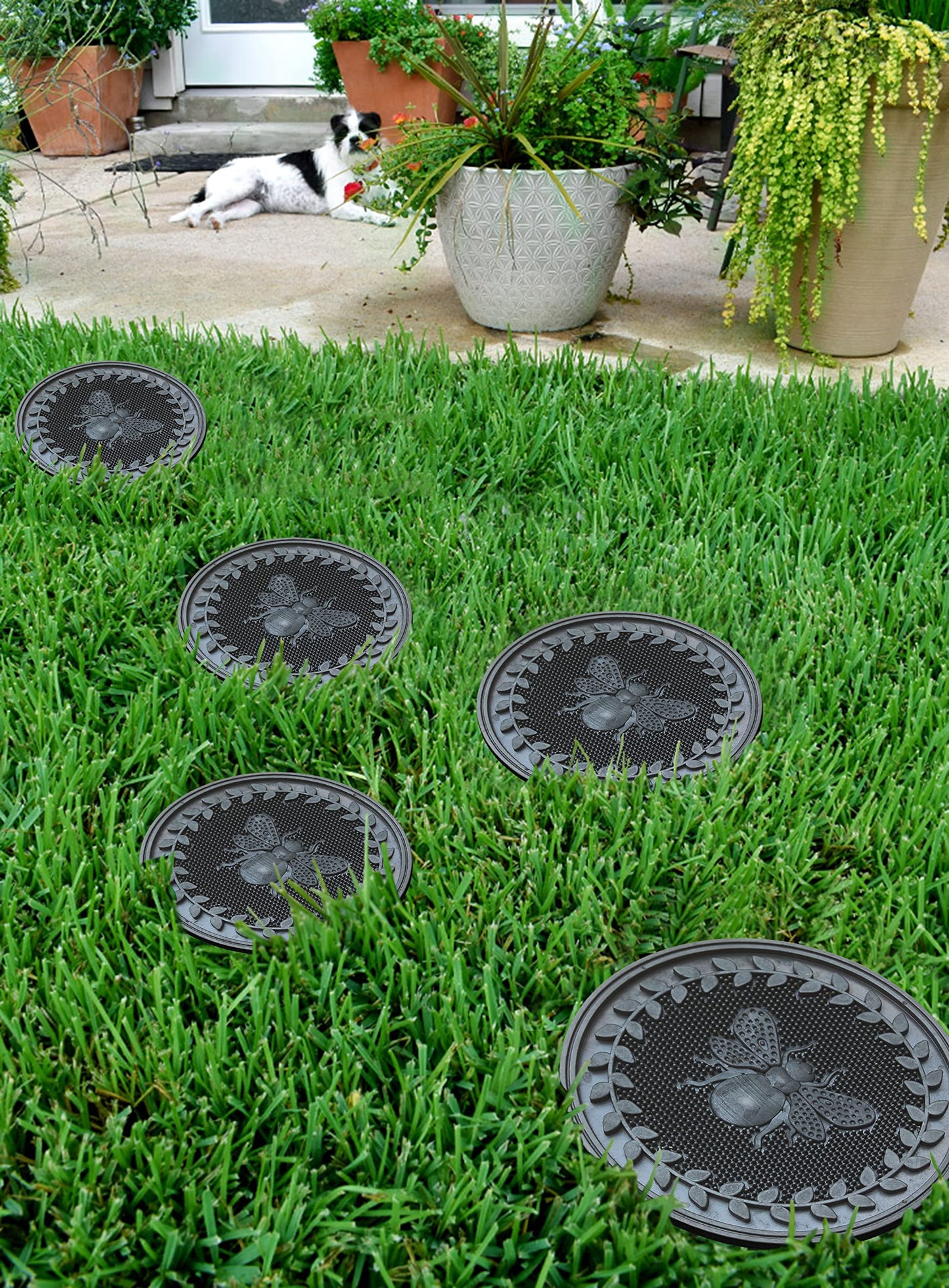 A1 Home Collections Multi Functional-Garden Stepping Stone Mat Round, Natural Rubber Heavy-Duty Beautiful Hand Finished Design 12"X12" Set of 4, Bumble Bee Black