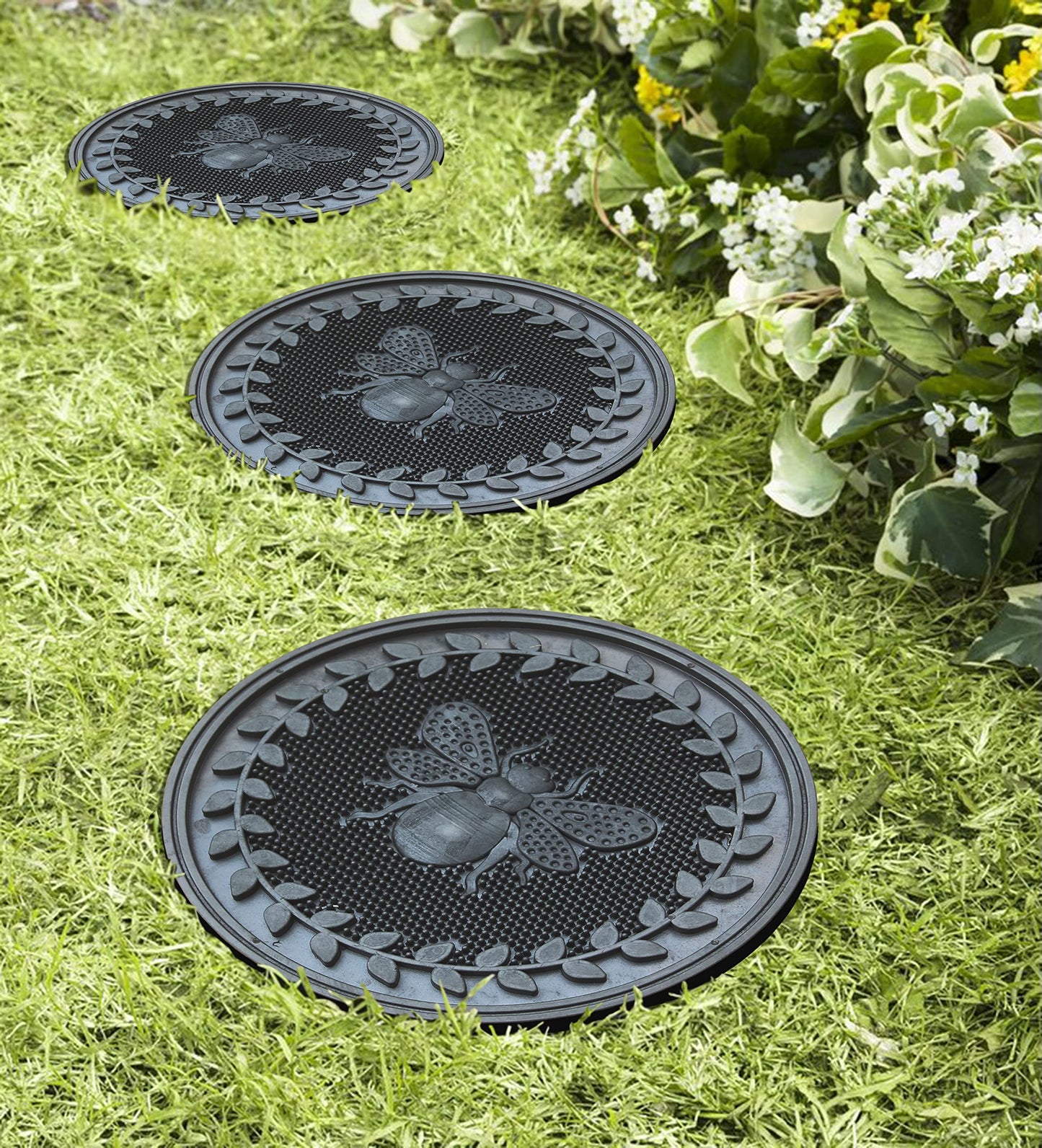 A1 Home Collections Multi Functional-Garden Stepping Stone Mat Round, Natural Rubber Heavy-Duty Beautiful Hand Finished Design 12"X12" Set of 4, Bumble Bee Black