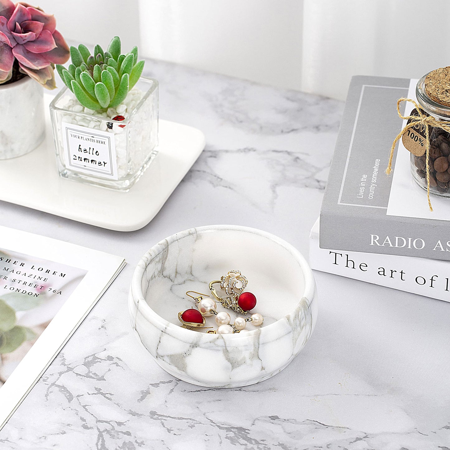 4.72 Inch Natural Marble Jewelry Dish, Mothers Day Gifts Small Decorative Bowl Ring Dish Trinket Holder Key Catchall Bowls, Vanity Tray for Display Home Decor Wedding Gift(White & Light-grey)