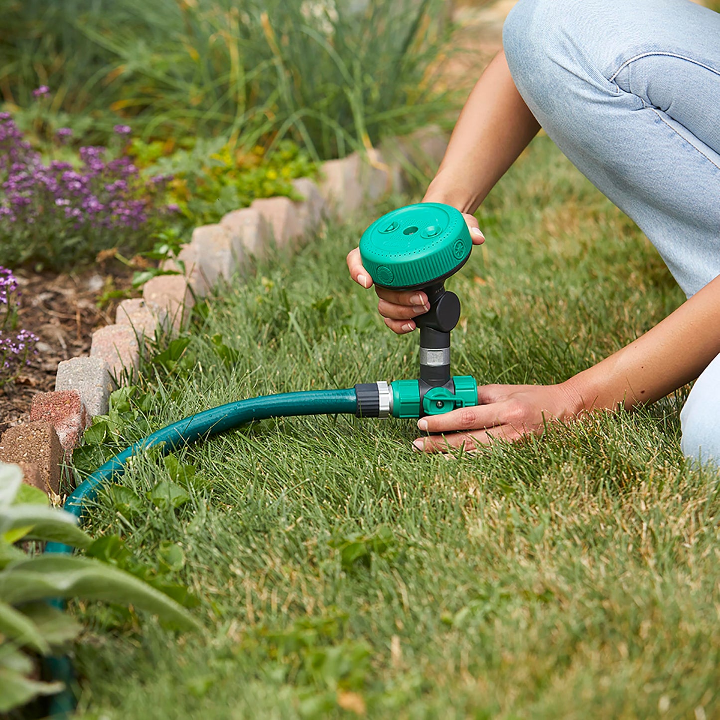 Gilmour Adjustable Spot Sprinkler with Spike Base, Pivoting Multi Pattern Sprinkler Head for Targeted Coverage in Flower Beds and Vegetable Gardens