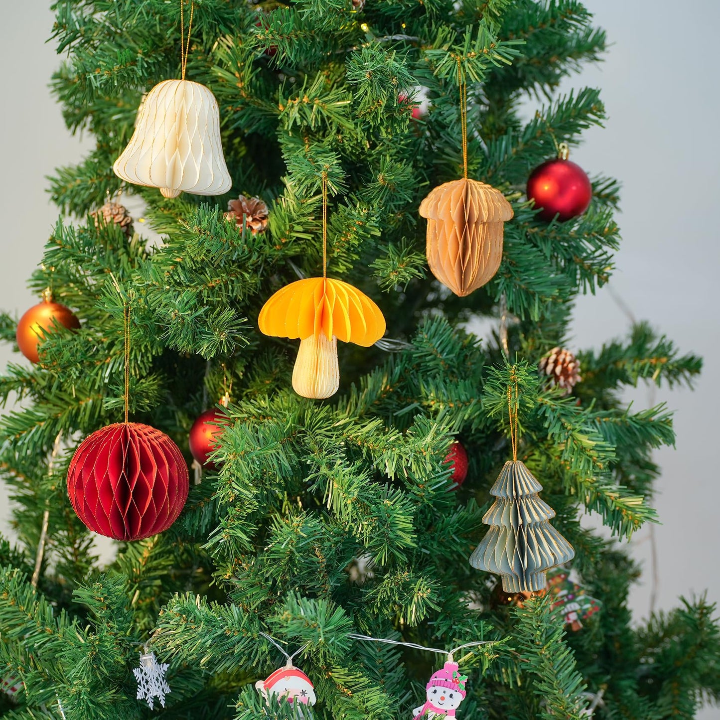 10 PCS Christmas Hanging Ornaments 3D Honeycomb Paper for Christmas, Party Decorations - Includes Mini Trees, Mushrooms, Acorns, Bells, Balls - Perfect All Season Creative DIY Items