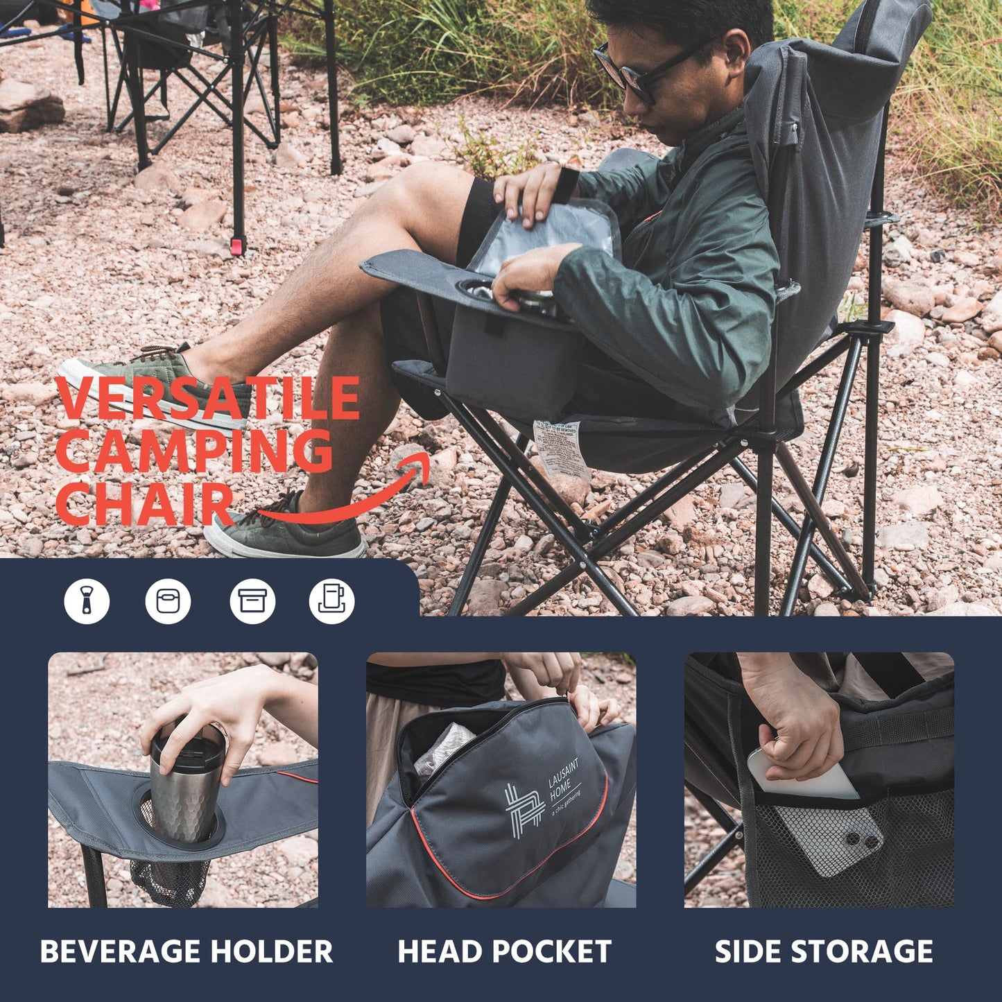 OUTSIDER Folding Camping Chair Heavy Duty Folding Chair 300lbs Oversized Outdoor Chairs with Cup Holder, Cooler Bag, Storage Pocket & Lumbar Support (Style-2, 2)