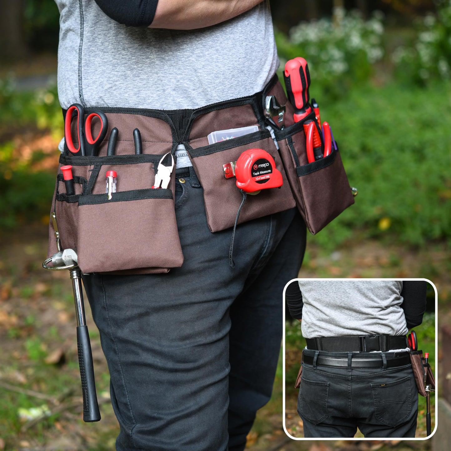 19 Pocket Brown and Black Heavy Duty Construction Tool Belt, Work Apron, Tool Pouch, with Poly Web Belt Quick Release Buckle - Adjusts from 33” Inches All the Way to 50” Inches